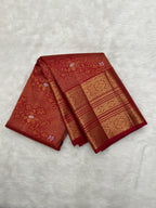 Reddish Maroon Vintage Kanjeevaram Saree with Close Oosi weaveing , Cross Kalanjali Design & Silver Zari Highlighted Flower Motifs