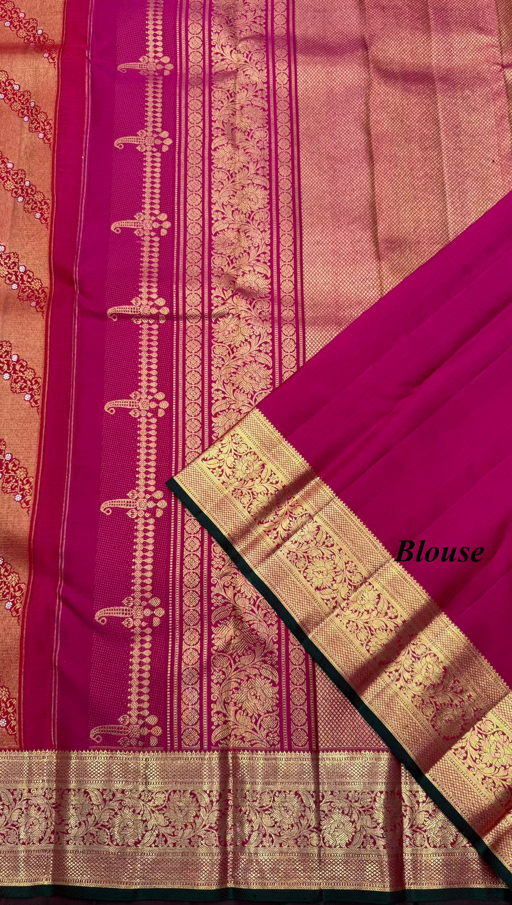 Red Kanjeevaram Saree with contrast Pink Pallu,Blouse & fine oosi,cross kalanjali design