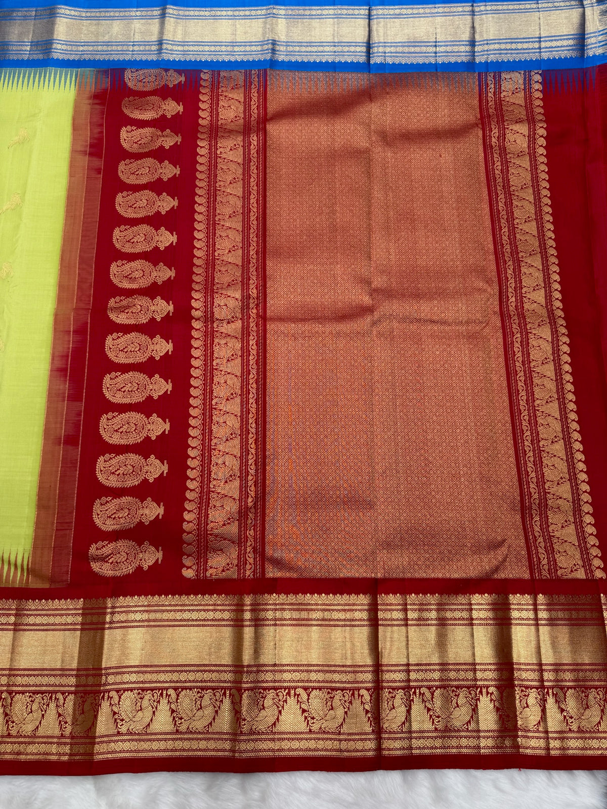 Pista Green Vintage Ganga - Jamuna Kanjeevaram Saree with Temple Kuttu Maroon & Ananda Blue Border
