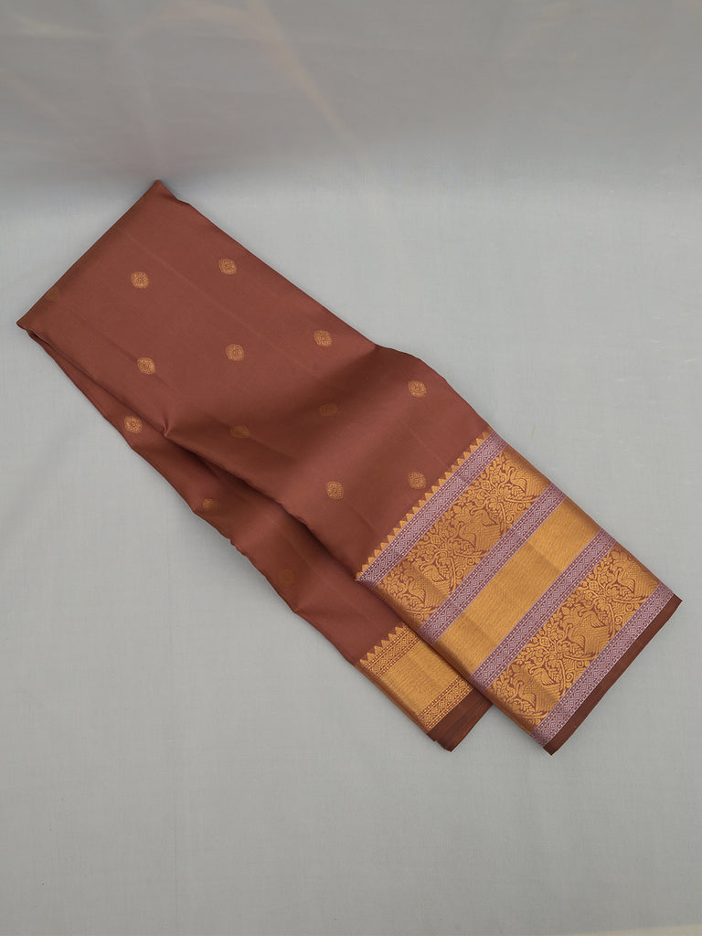 Rust Brown Vintage Kanjeevaram Silk Saree with Metallic Undertone & Meena Border