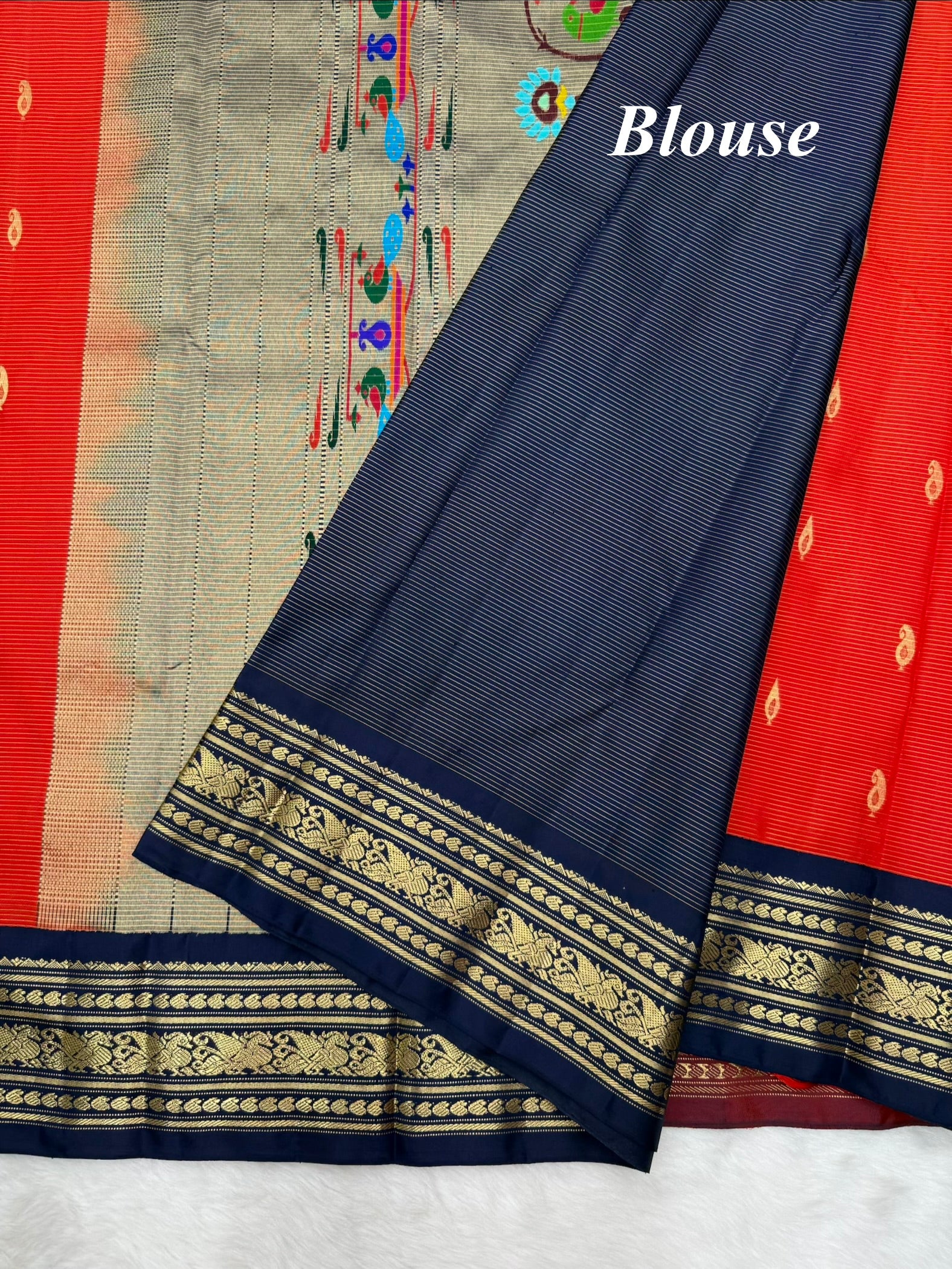 Red & Blue Korvai Kanjeevaram x Paithani Fusion Saree with Oosi lines