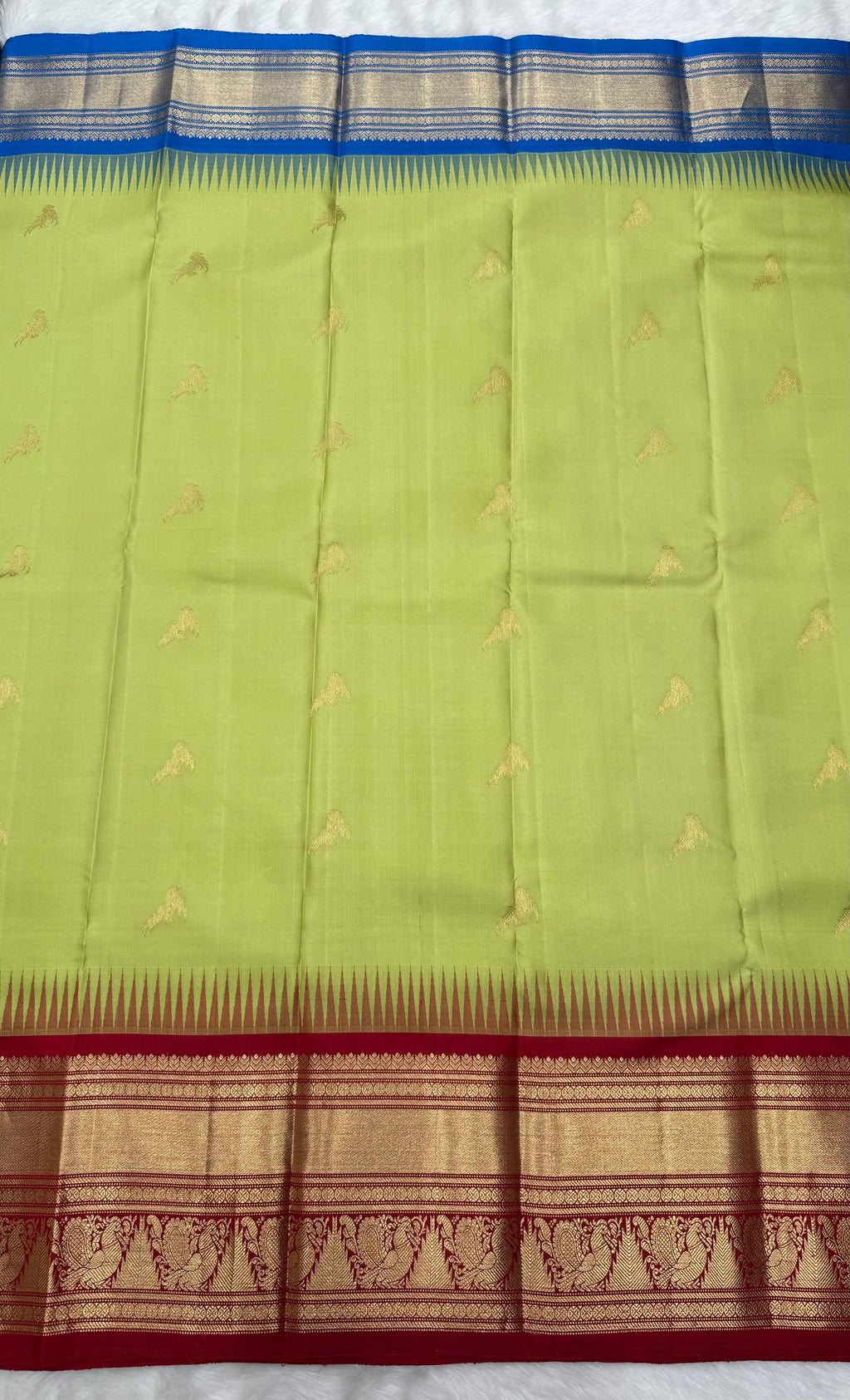 Pista Green Vintage Ganga - Jamuna Kanjeevaram Saree with Temple Kuttu Maroon & Ananda Blue Border