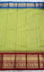Pista Green Vintage Ganga - Jamuna Kanjeevaram Saree with Temple Kuttu Maroon & Ananda Blue Border