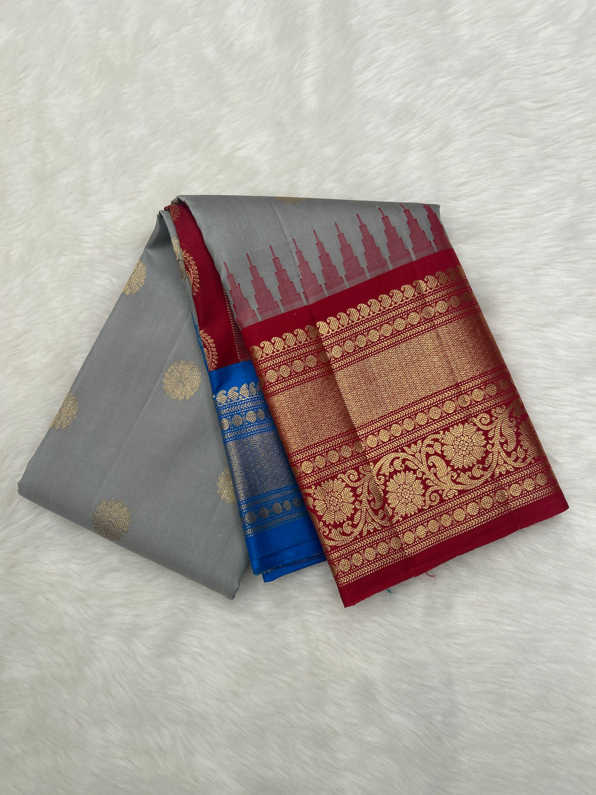 Powder Blue Grey Vintage Ganga - Jamuna Kanjeevaram Saree with Temple Kuttu Maroon & Ananda Blue Border