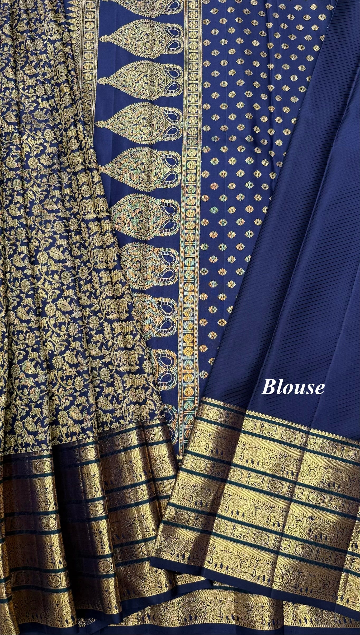 Dark Navy Blue Kanjeevaram silk Saree with Vanam Singaram and (Varisapet / Meena) Border