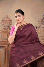Deep Plum Vintage Kanjeevaram saree with vertical zari lines & Meenakari motifs