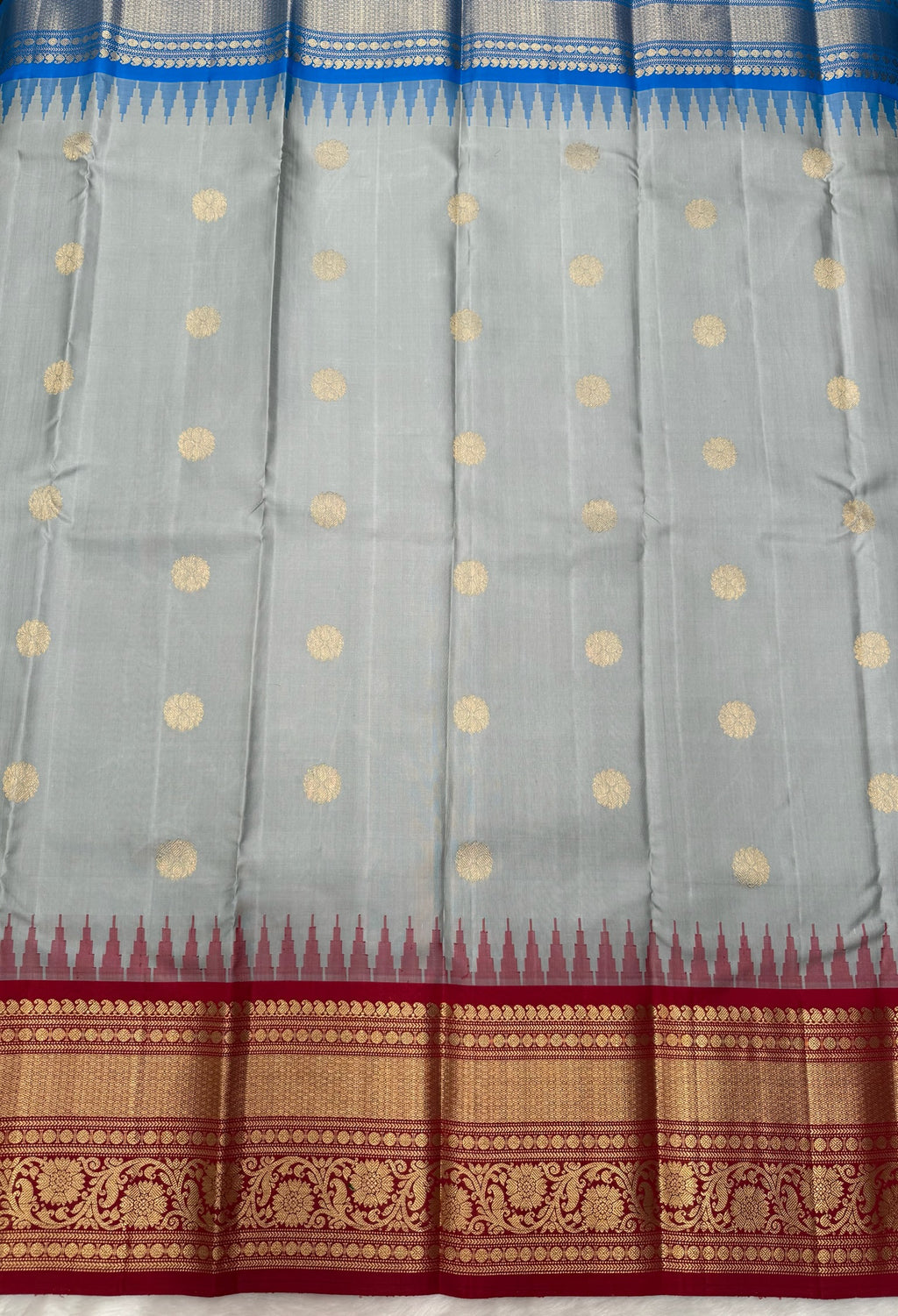 Powder Blue Grey Vintage Ganga - Jamuna Kanjeevaram Saree with Temple Kuttu Maroon & Ananda Blue Border