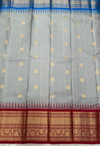 Powder Blue Grey Vintage Ganga - Jamuna Kanjeevaram Saree with Temple Kuttu Maroon & Ananda Blue Border