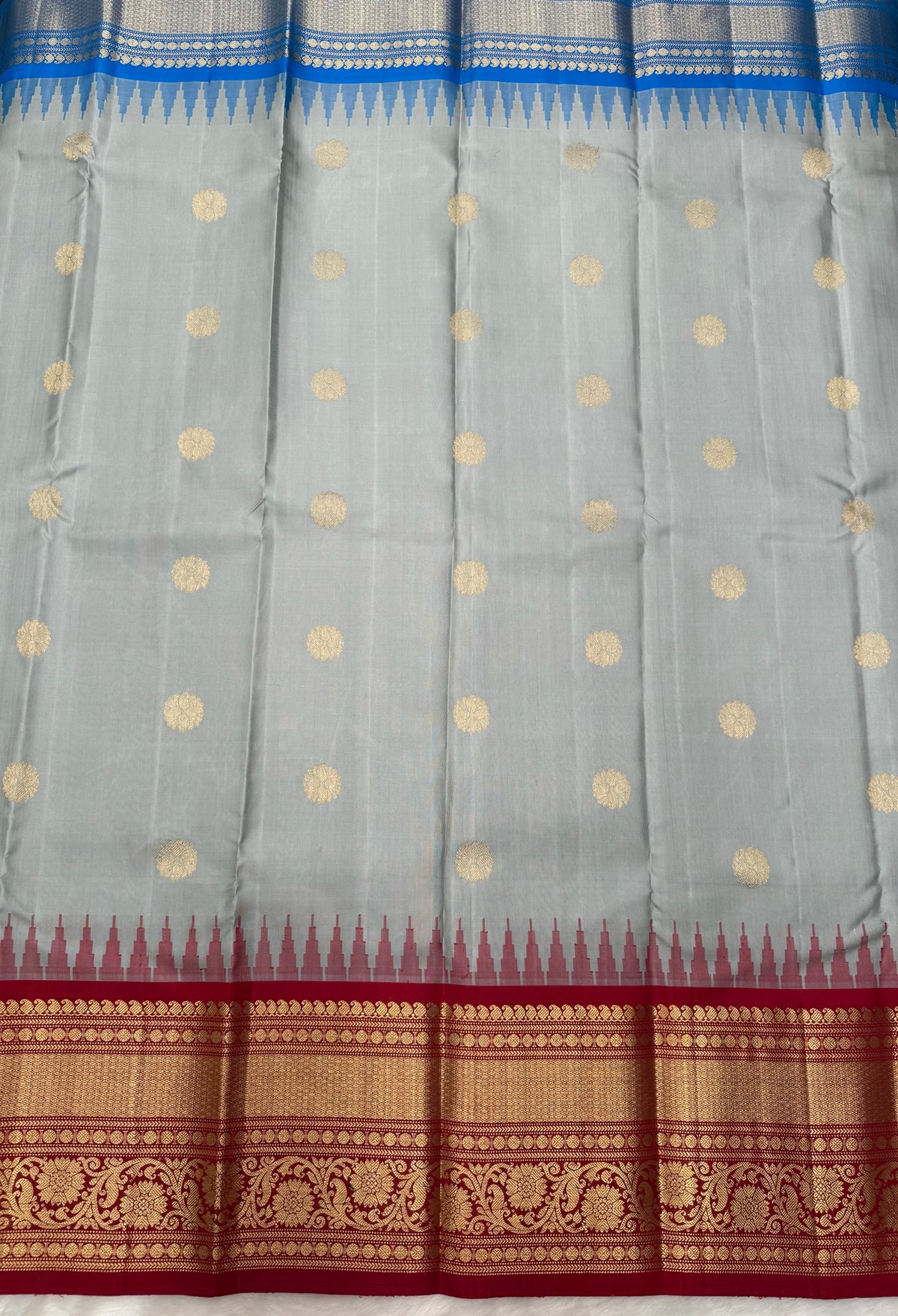 Powder Blue Grey Vintage Ganga - Jamuna Kanjeevaram Saree with Temple Kuttu Maroon & Ananda Blue Border