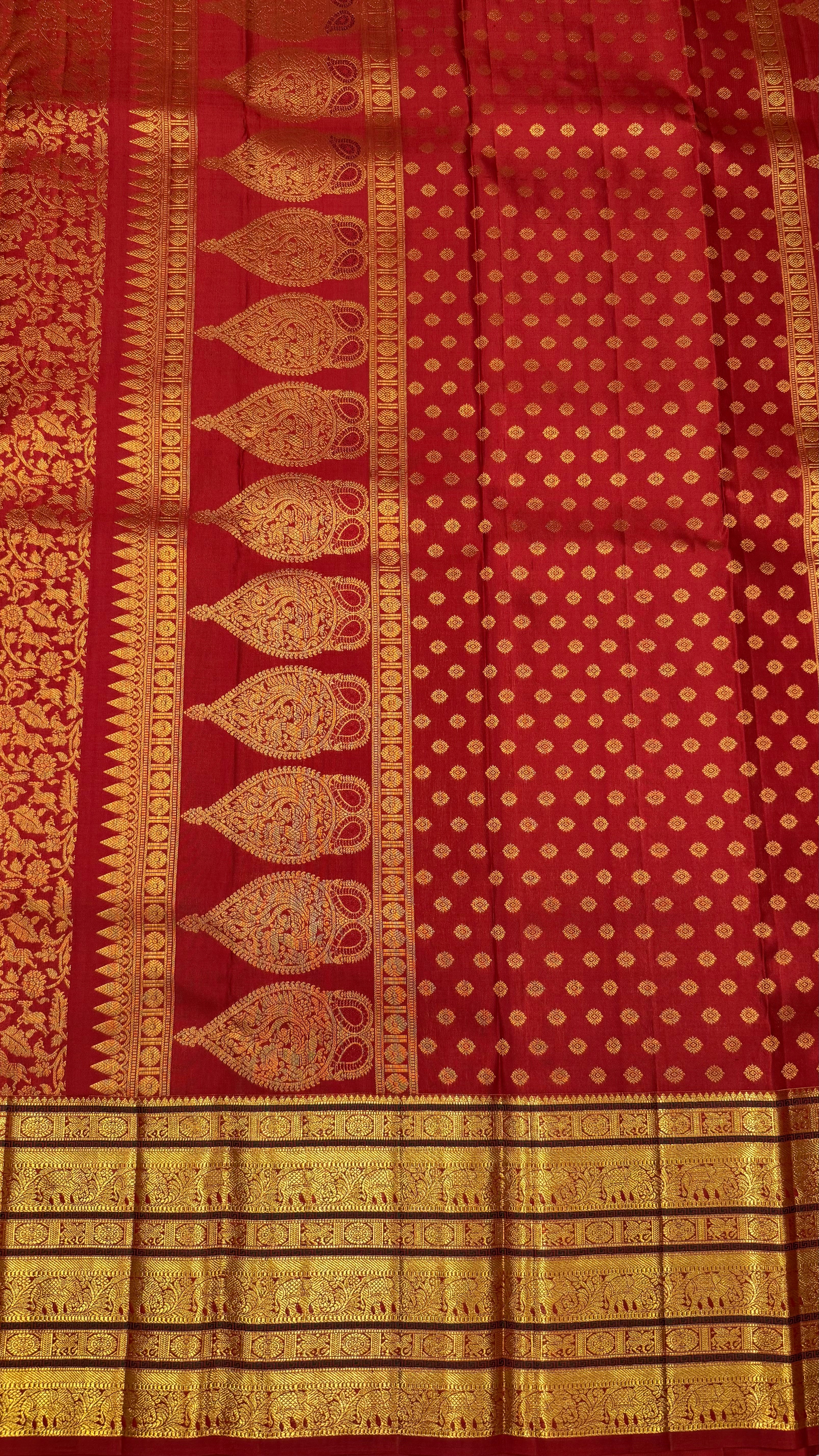 Bright Rust Kanjeevaram silk Saree with Vanam Singaram and (Varisapet / Meena) Border