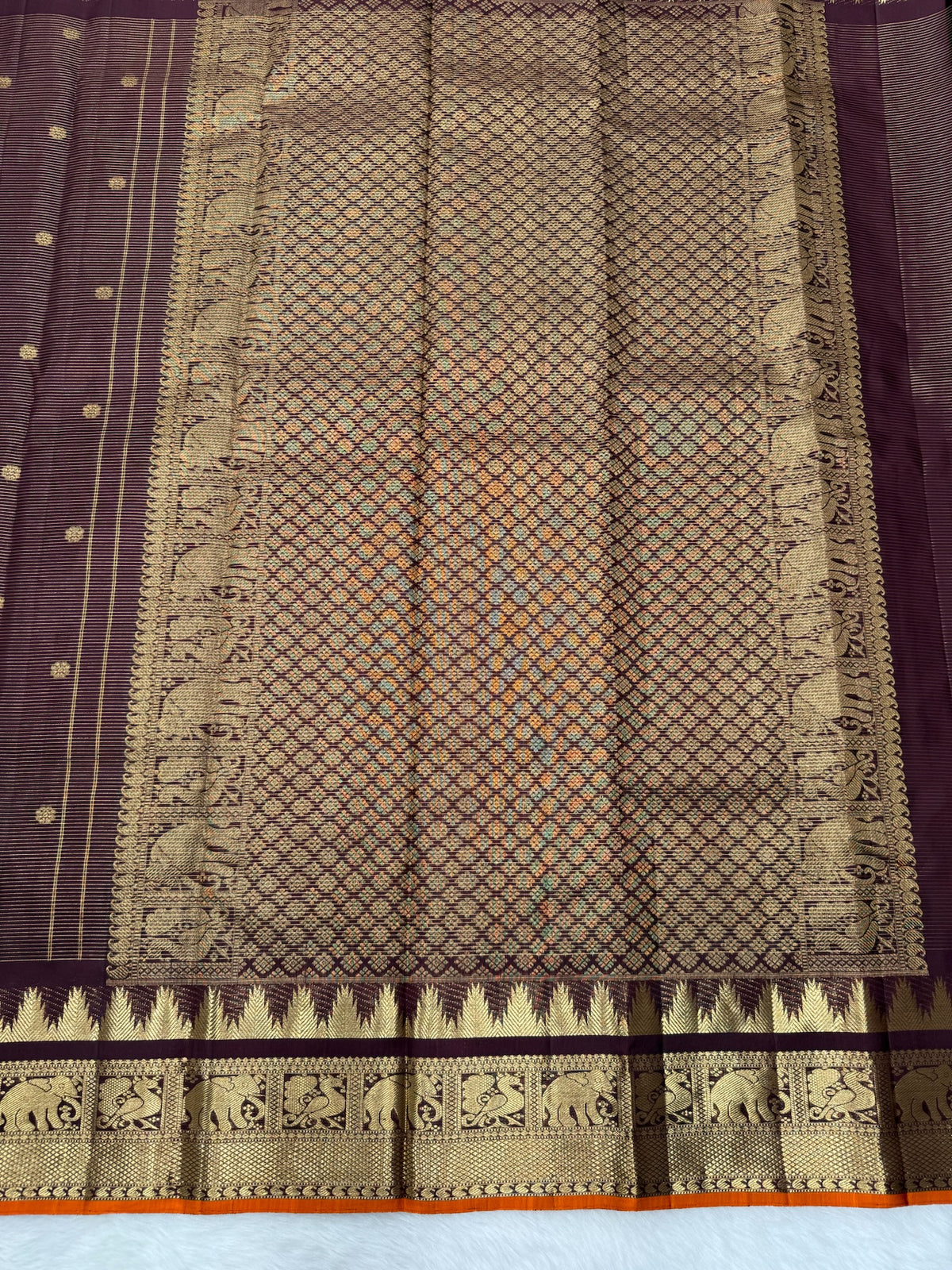 Brown Vintage Vairaoosi Kanjeevaram Saree with a Skirt Temple & Traditional Border (Rust Edge Border)