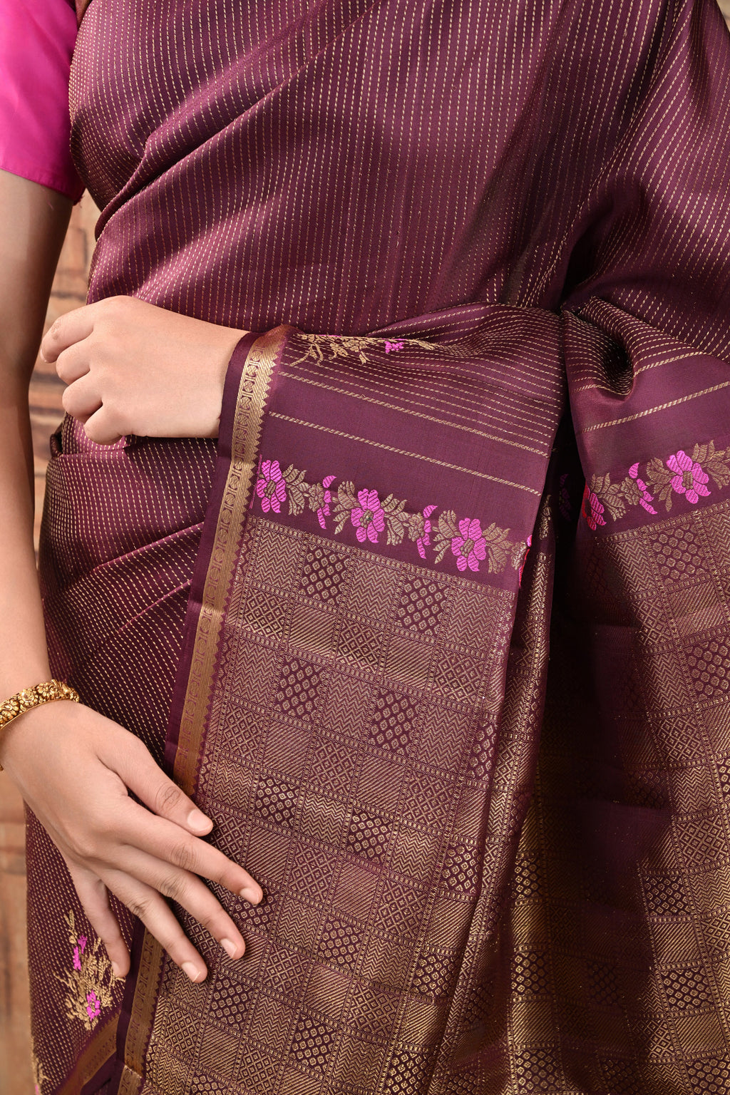 Deep Plum Vintage Kanjeevaram saree with vertical zari lines & Meenakari motifs