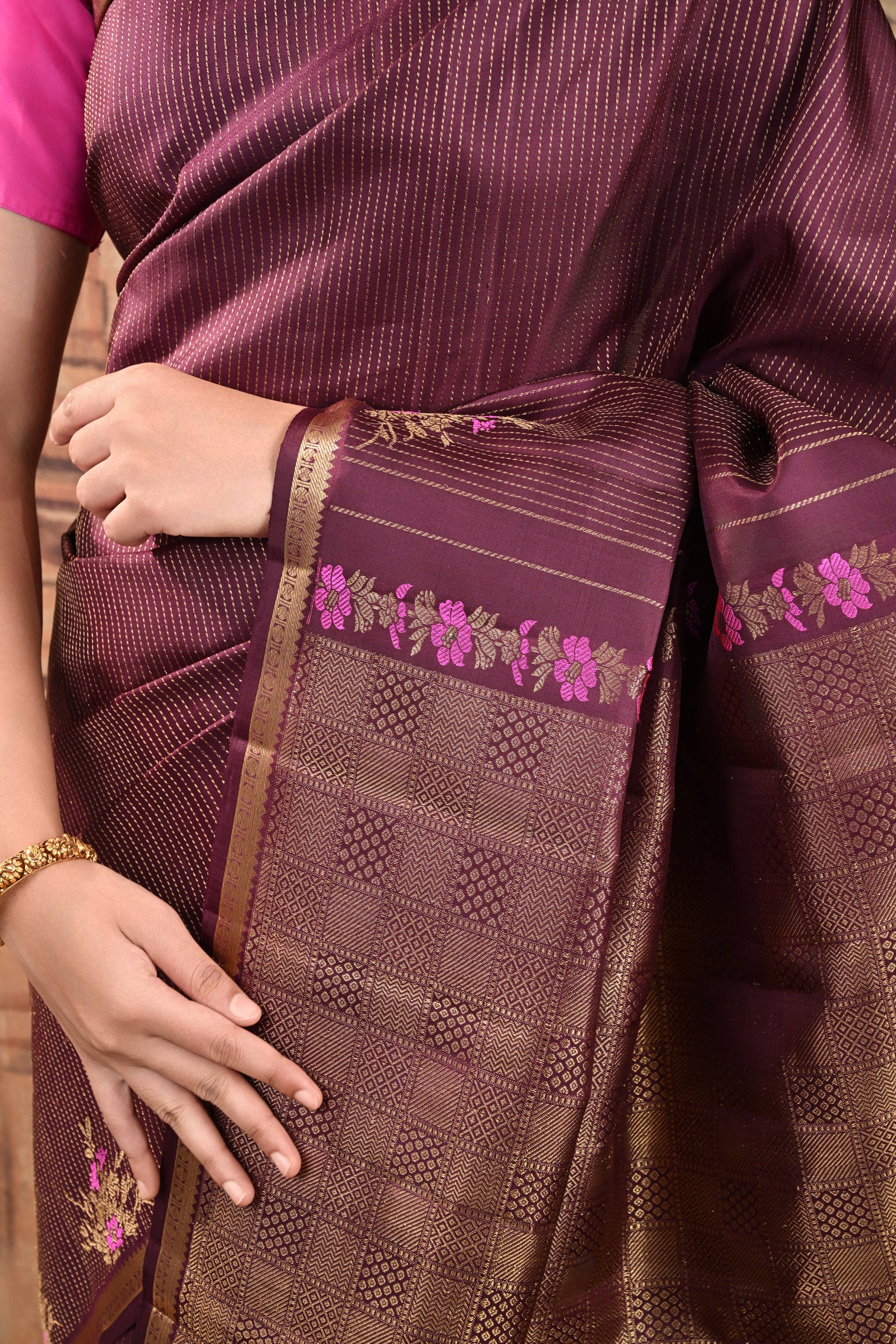 Deep Plum Vintage Kanjeevaram saree with vertical zari lines & Meenakari motifs