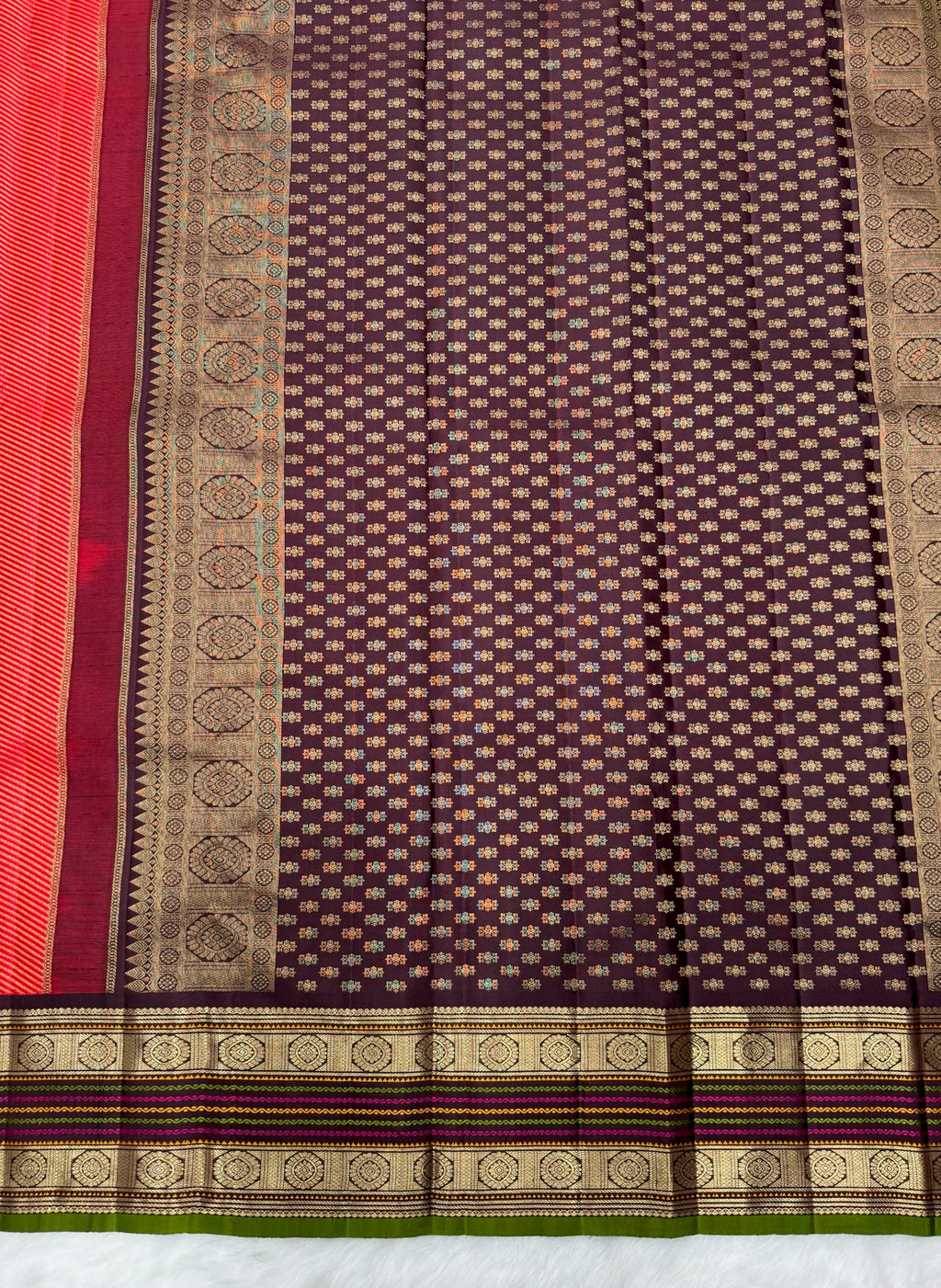Chilli Red Vintage Kanjeevaram Saree with Crossectional lines & Rich Meena Border