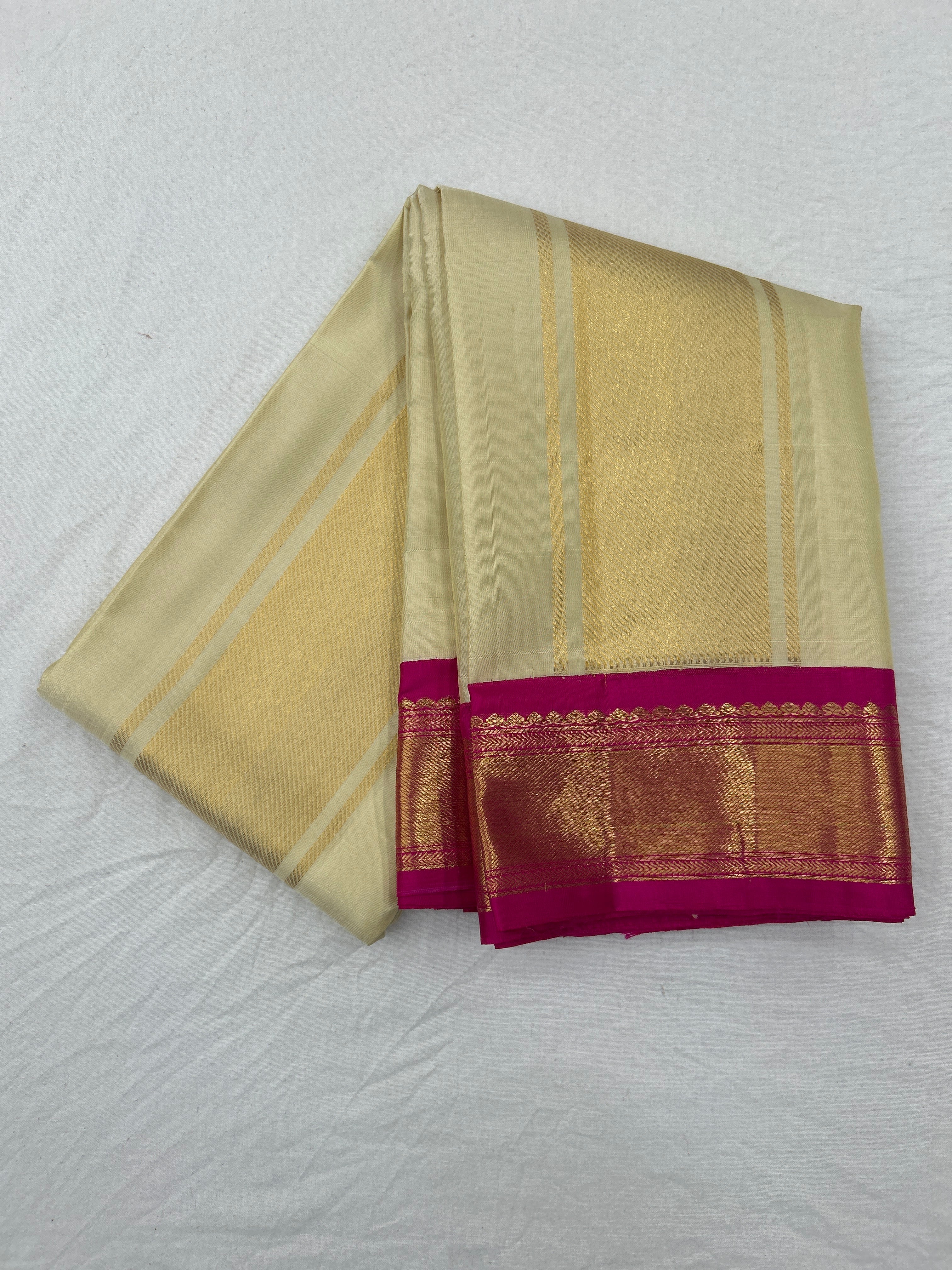 Ivory Cream & Pink Korvai Border Dhothi & Kanduva