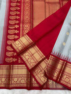 Powder Blue Grey Vintage Ganga - Jamuna Kanjeevaram Saree with Temple Kuttu Maroon & Ananda Blue Border