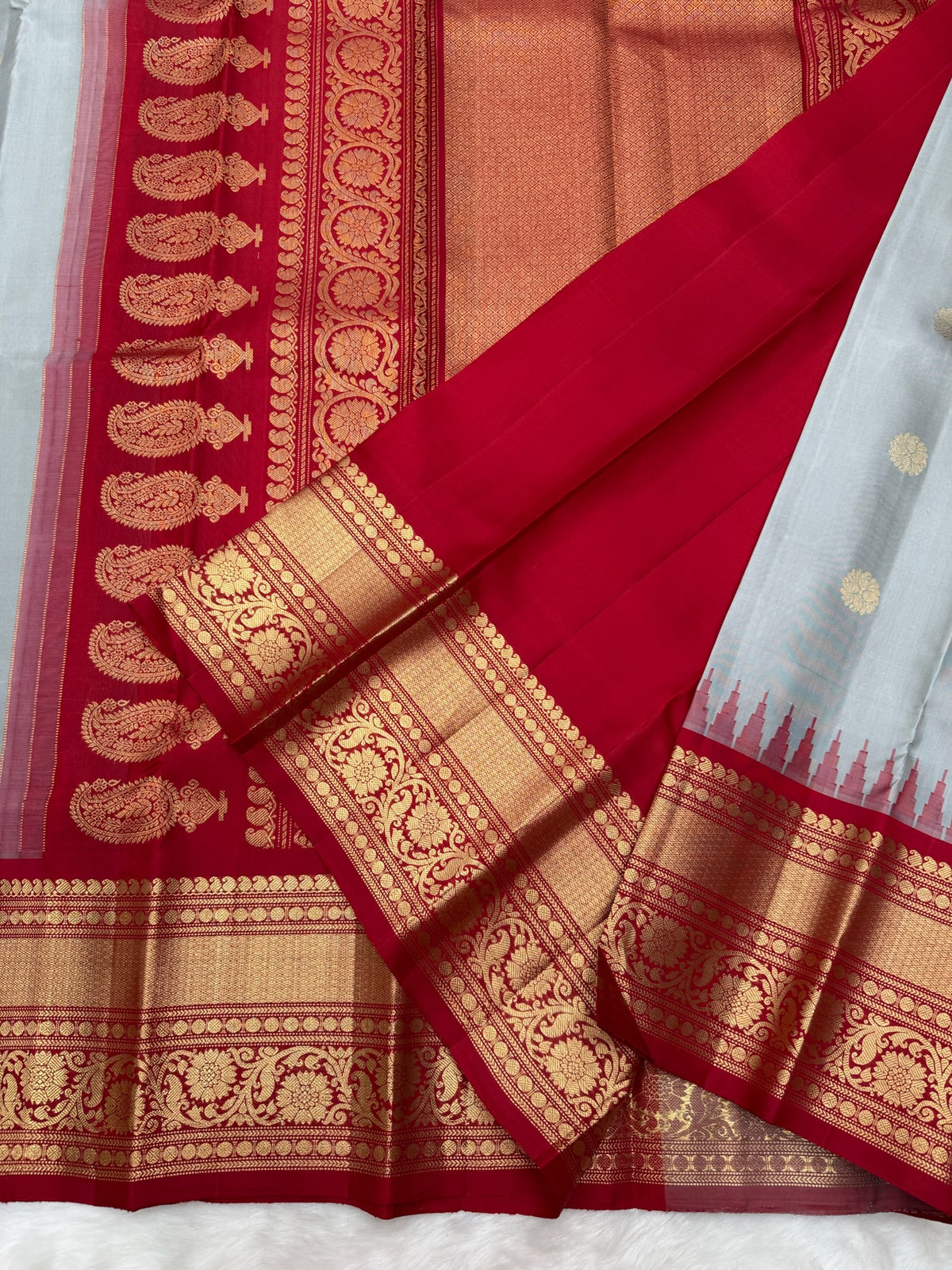 Powder Blue Grey Vintage Ganga - Jamuna Kanjeevaram Saree with Temple Kuttu Maroon & Ananda Blue Border