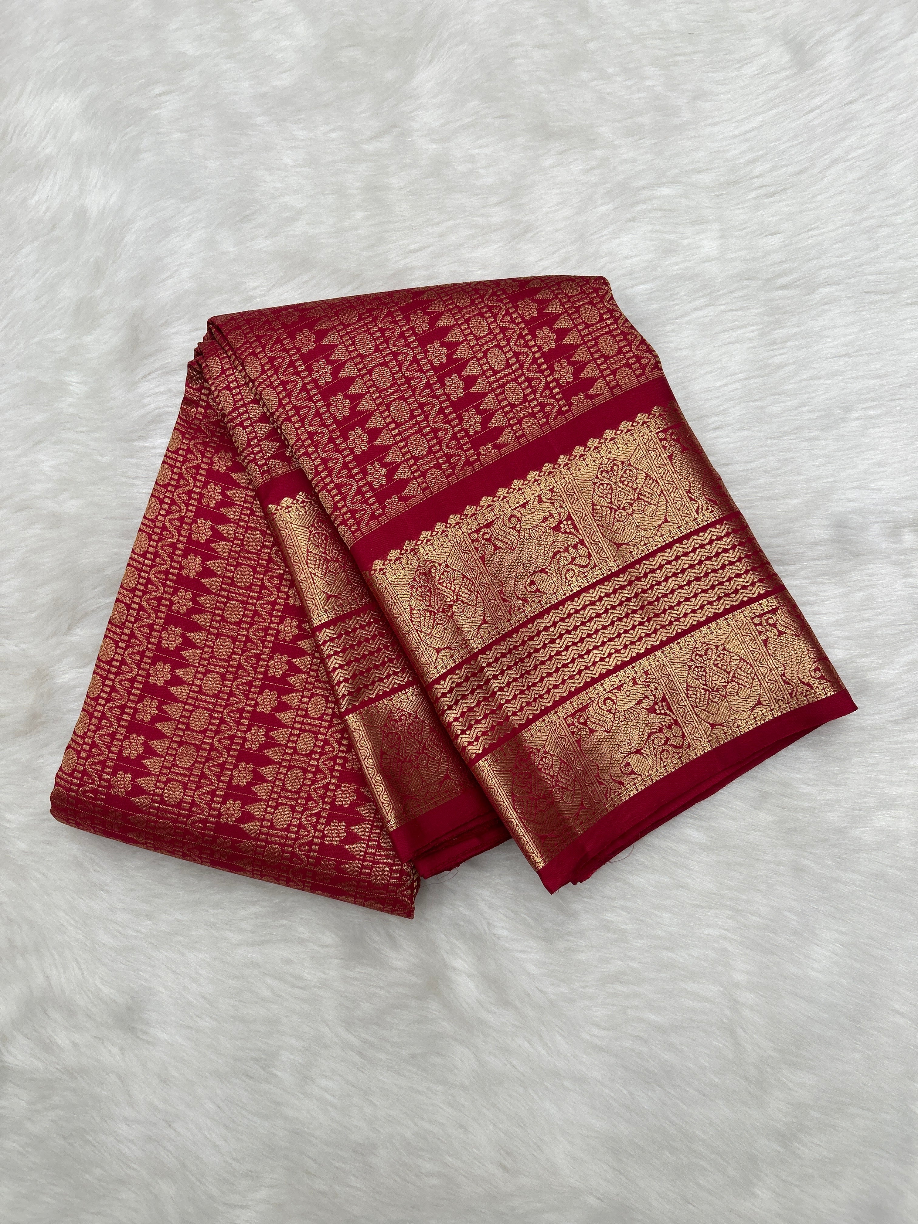 Ruby Red Grand Vintage Kanjeevaram Saree with Traditional Border