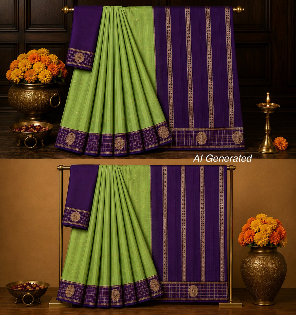 Earthy Olive Green Vintage Kanjeevaram Saree with a Contrast Wine Checks Border