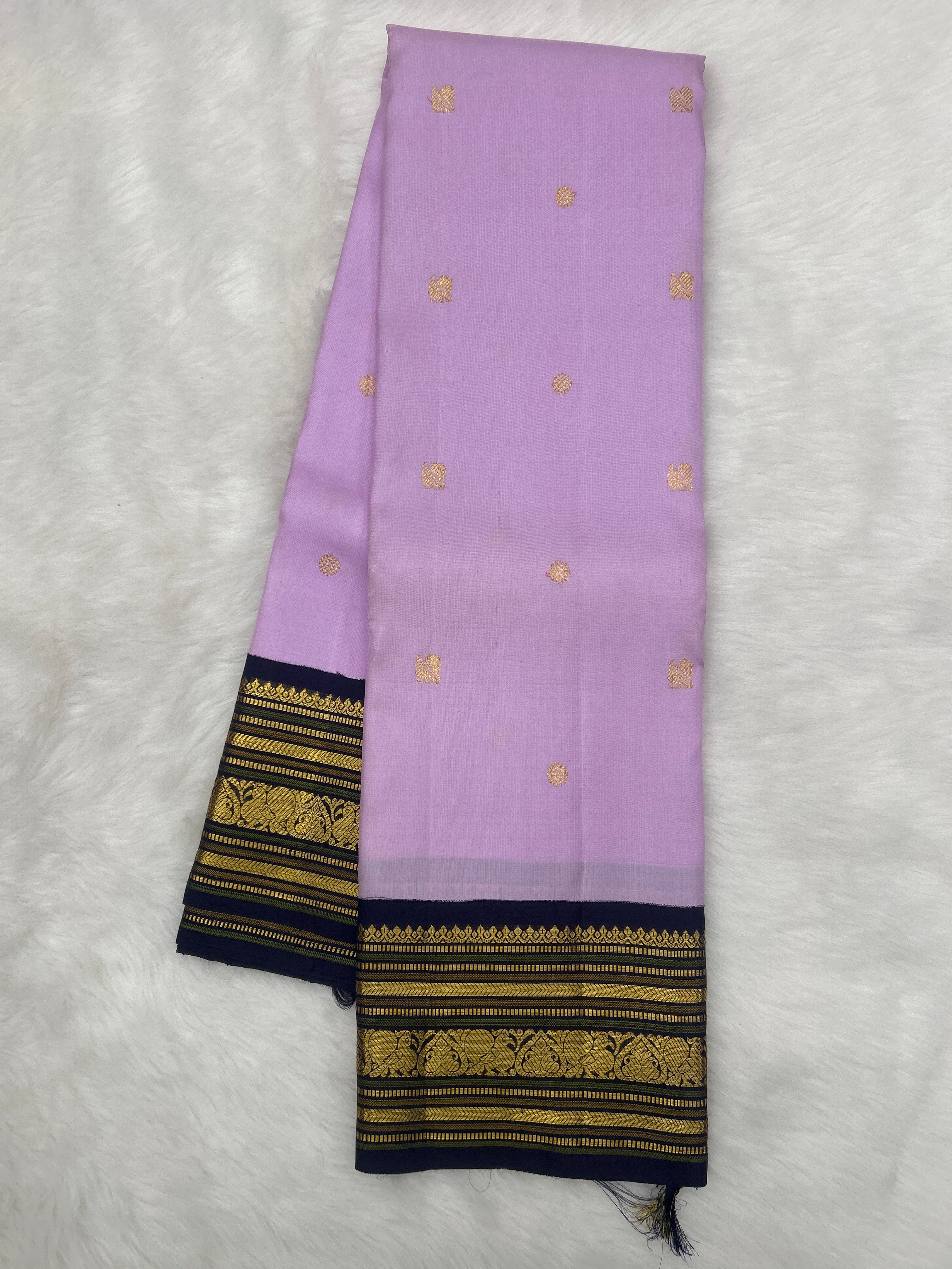 Lavender Kanjeevaram Silk Saree with Navy Blue Korvai Border