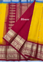 Mambalam Yellow Vintage Ganga - Jamuna Kanjeevaram Saree with Temple Kuttu Maroon & Ananda Blue Border