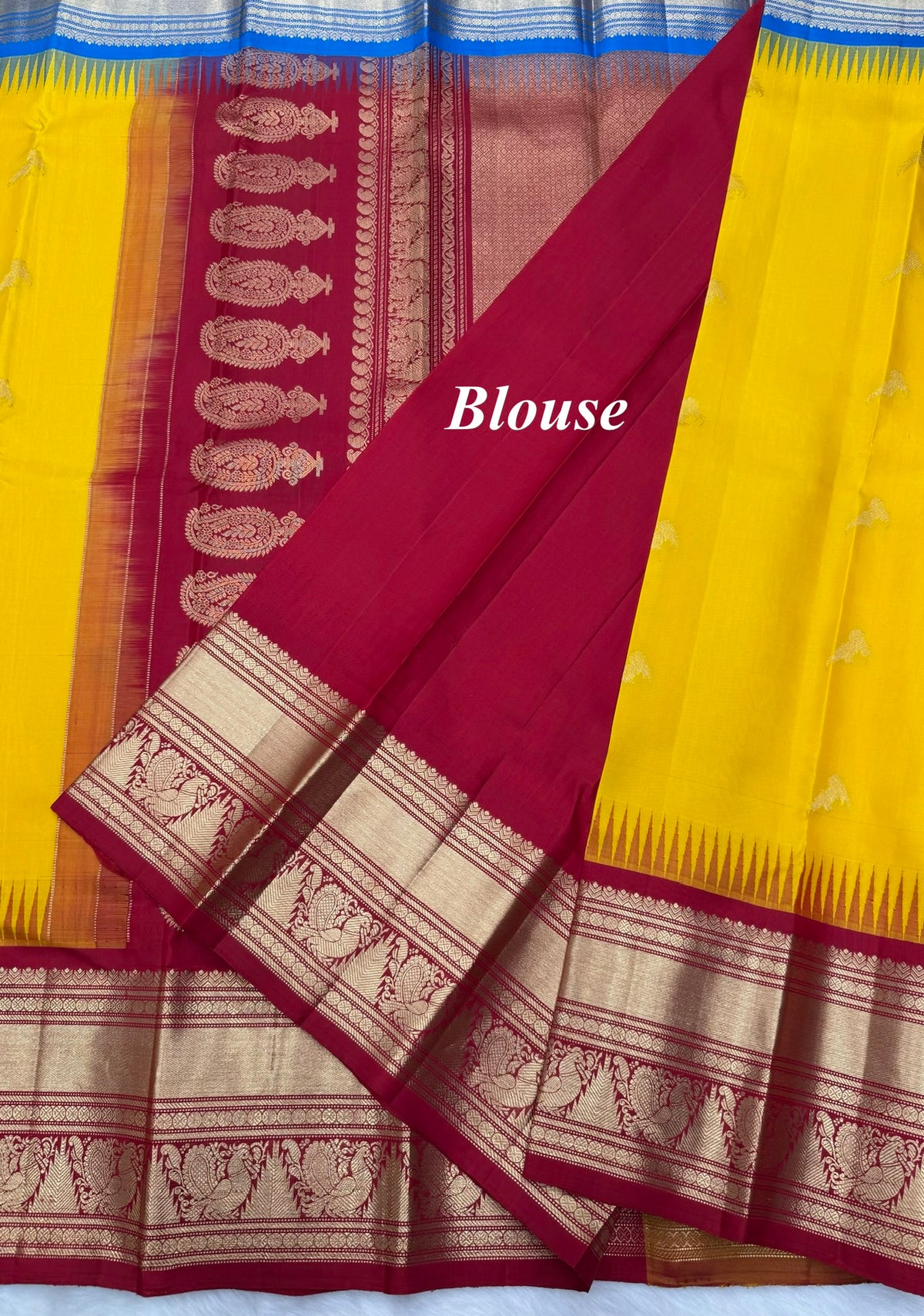 Mambalam Yellow Vintage Ganga - Jamuna Kanjeevaram Saree with Temple Kuttu Maroon & Ananda Blue Border