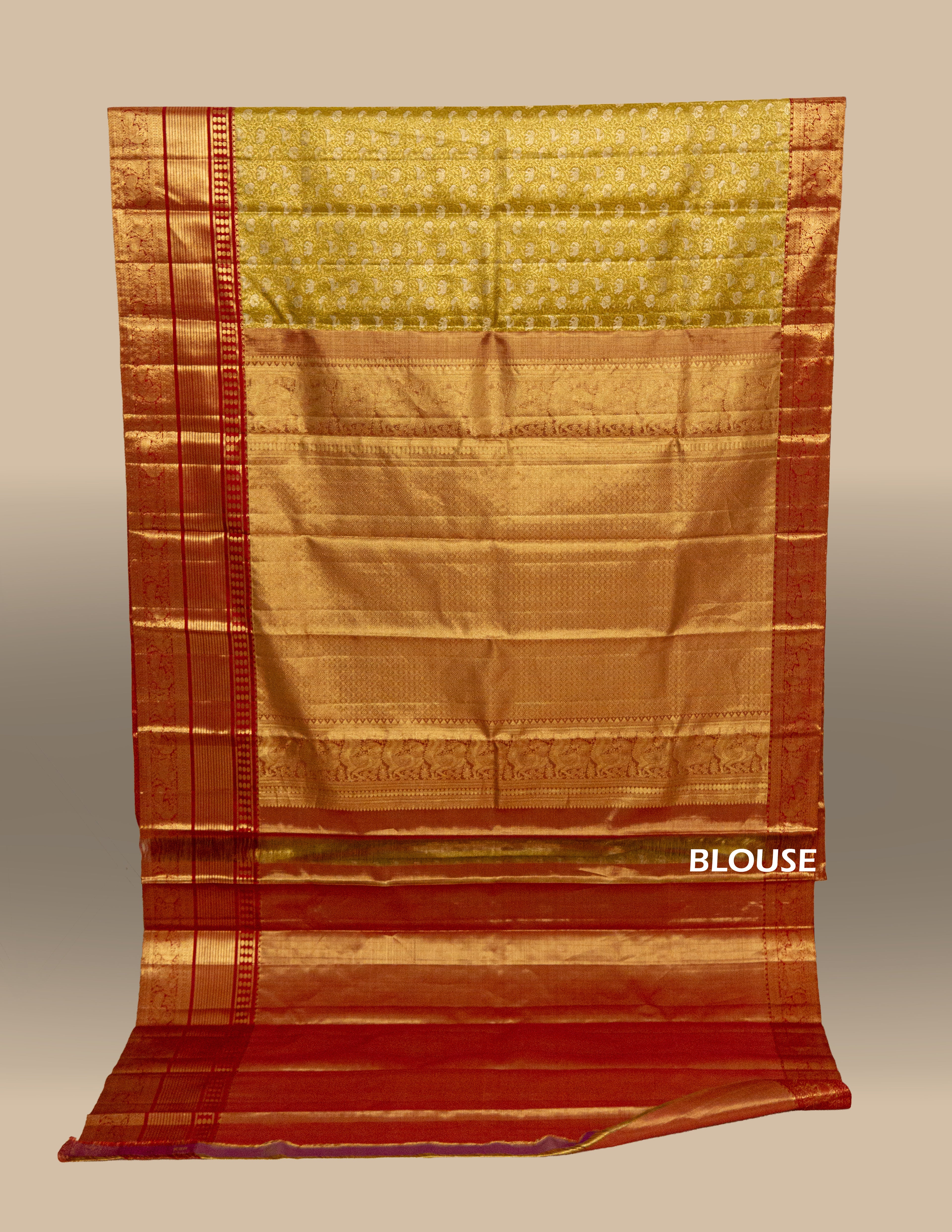 Gold & Red Korvai Kanjeevaram saree with Shikargah Brocade