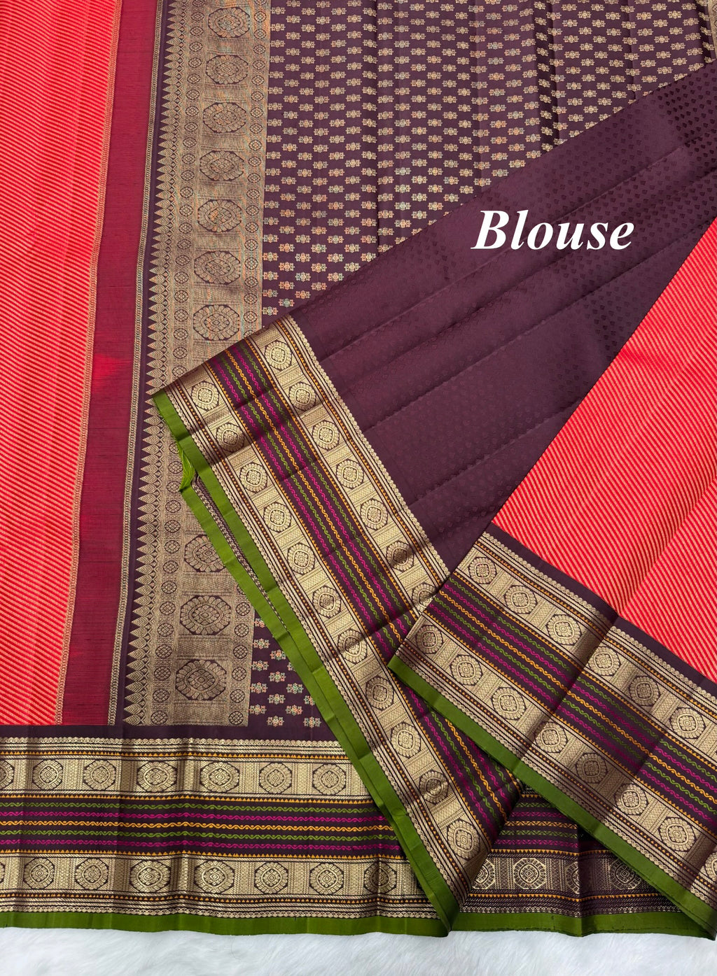 Chilli Red Vintage Kanjeevaram Saree with Crossectional lines & Rich Meena Border