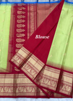 Pista Green Vintage Ganga - Jamuna Kanjeevaram Saree with Temple Kuttu Maroon & Ananda Blue Border