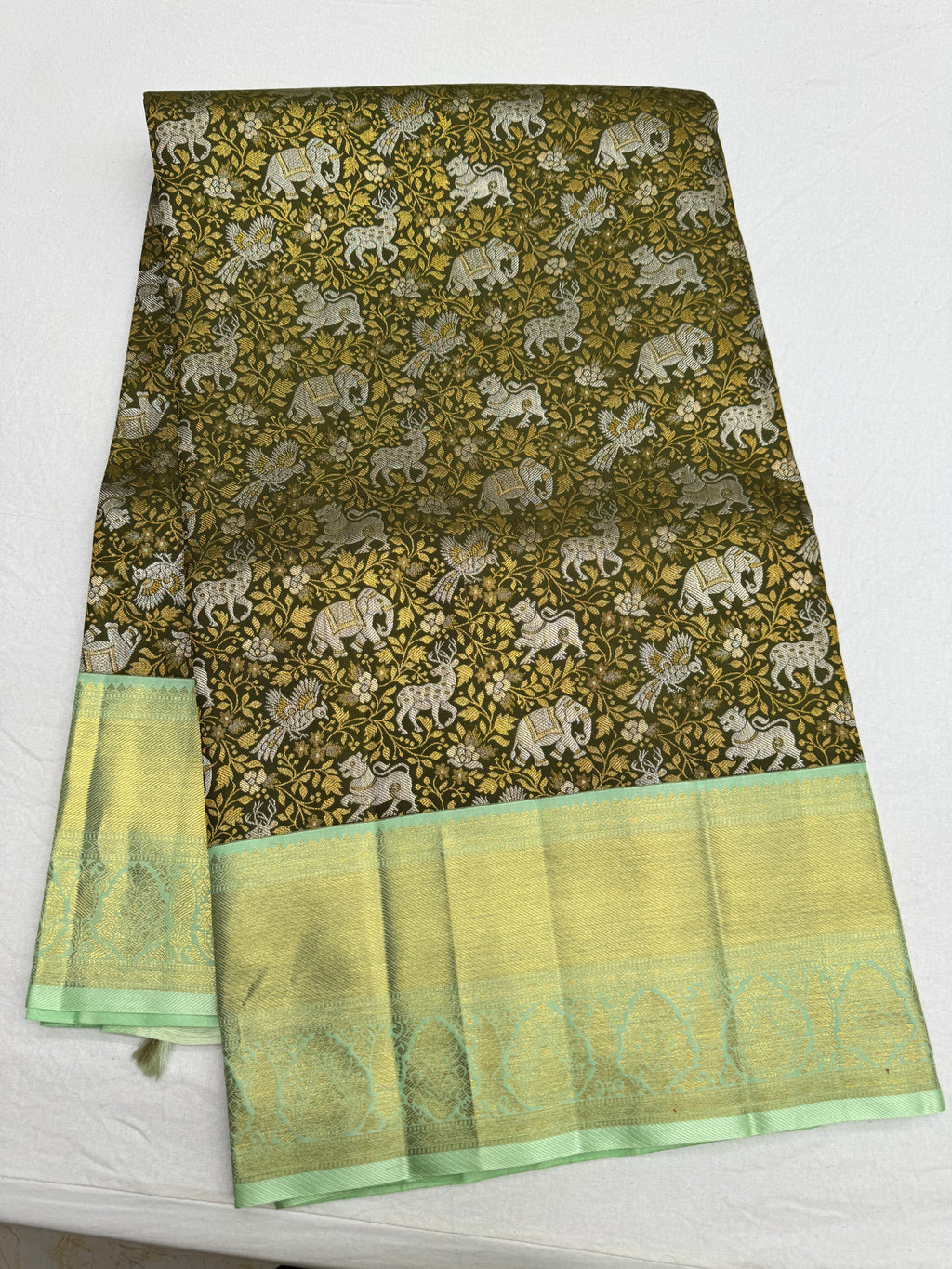 Moss Green & Mint Green Korvai Kanjeevaram Saree with traditional Vanam Singaram Brocade on Body