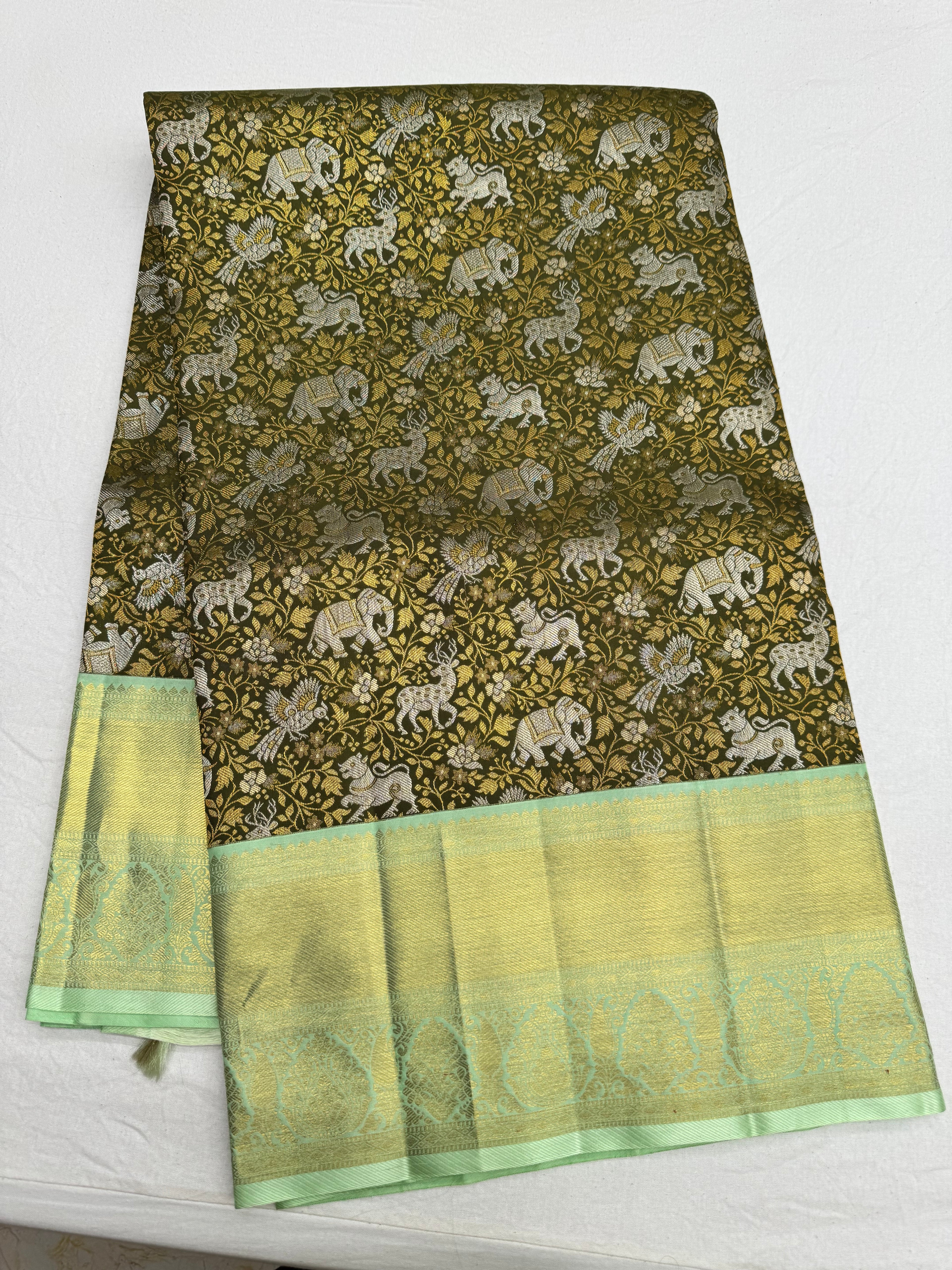 Moss Green & Mint Green Korvai Kanjeevaram Saree with traditional Vanam Singaram Brocade on Body