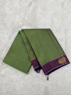 Earthy Olive Green Vintage Kanjeevaram Saree with a Contrast Wine Checks Border