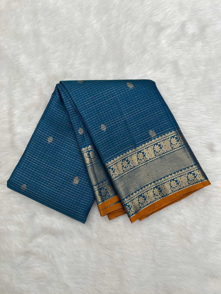 Vintage Kanjeevaram Silk Saree with checks & Orange Edge Border