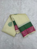 Half White No Zari Kanjeevaram Saree with Green & Pink Meena border