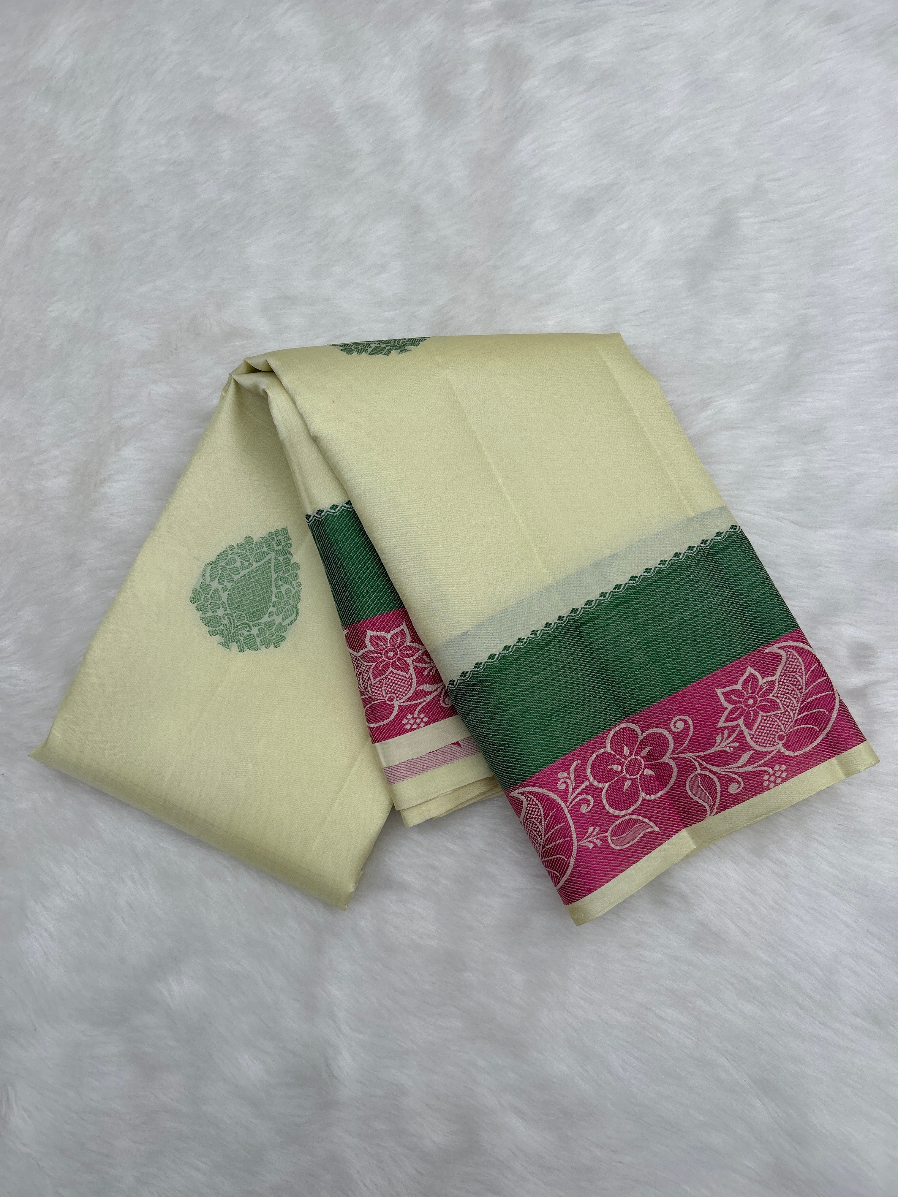 Half White No Zari Kanjeevaram Saree with Green & Pink Meena border