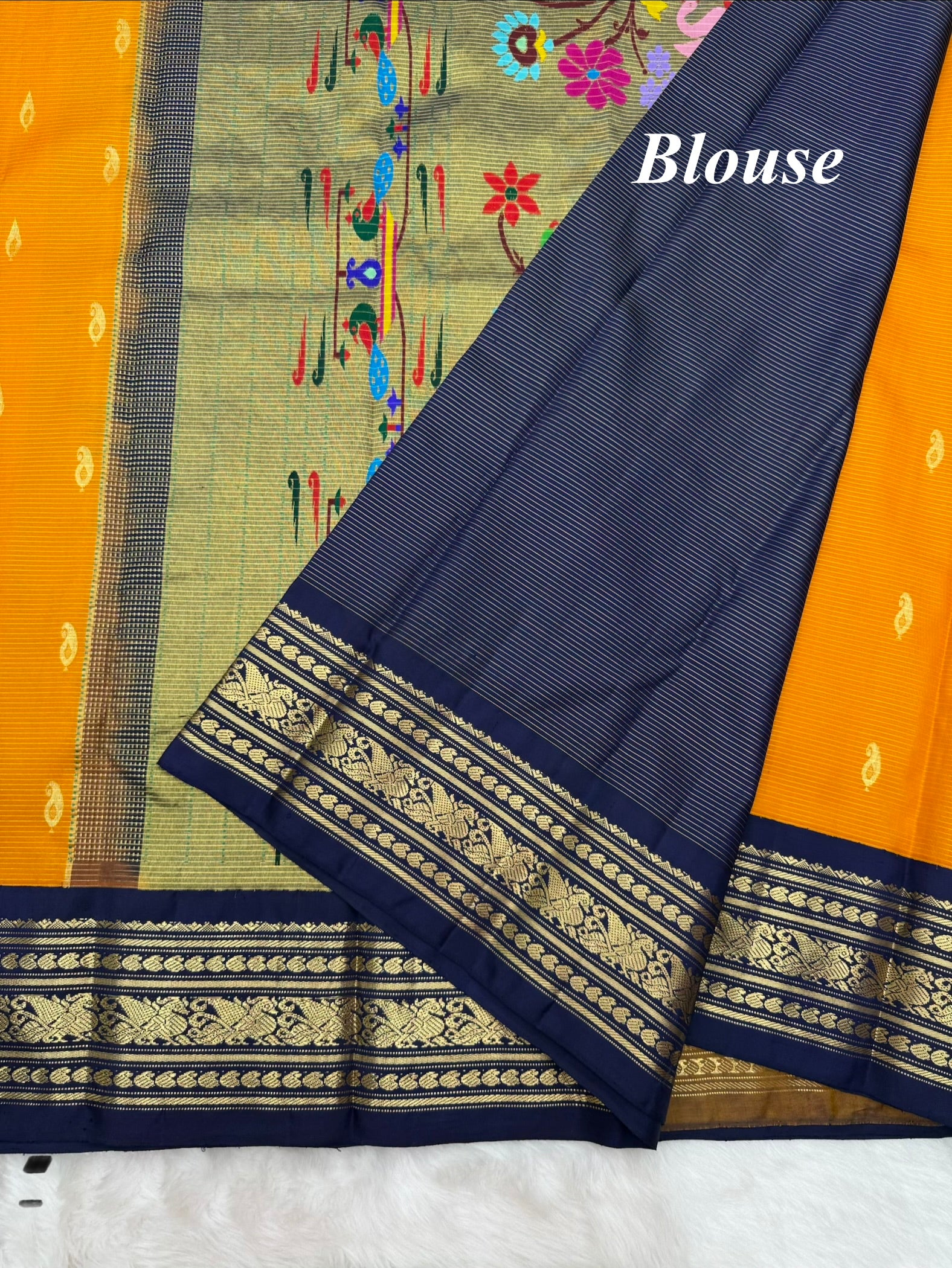 Orange & Blue Korvai Kanjeevaram x Paithani Fusion Saree with Oosi lines