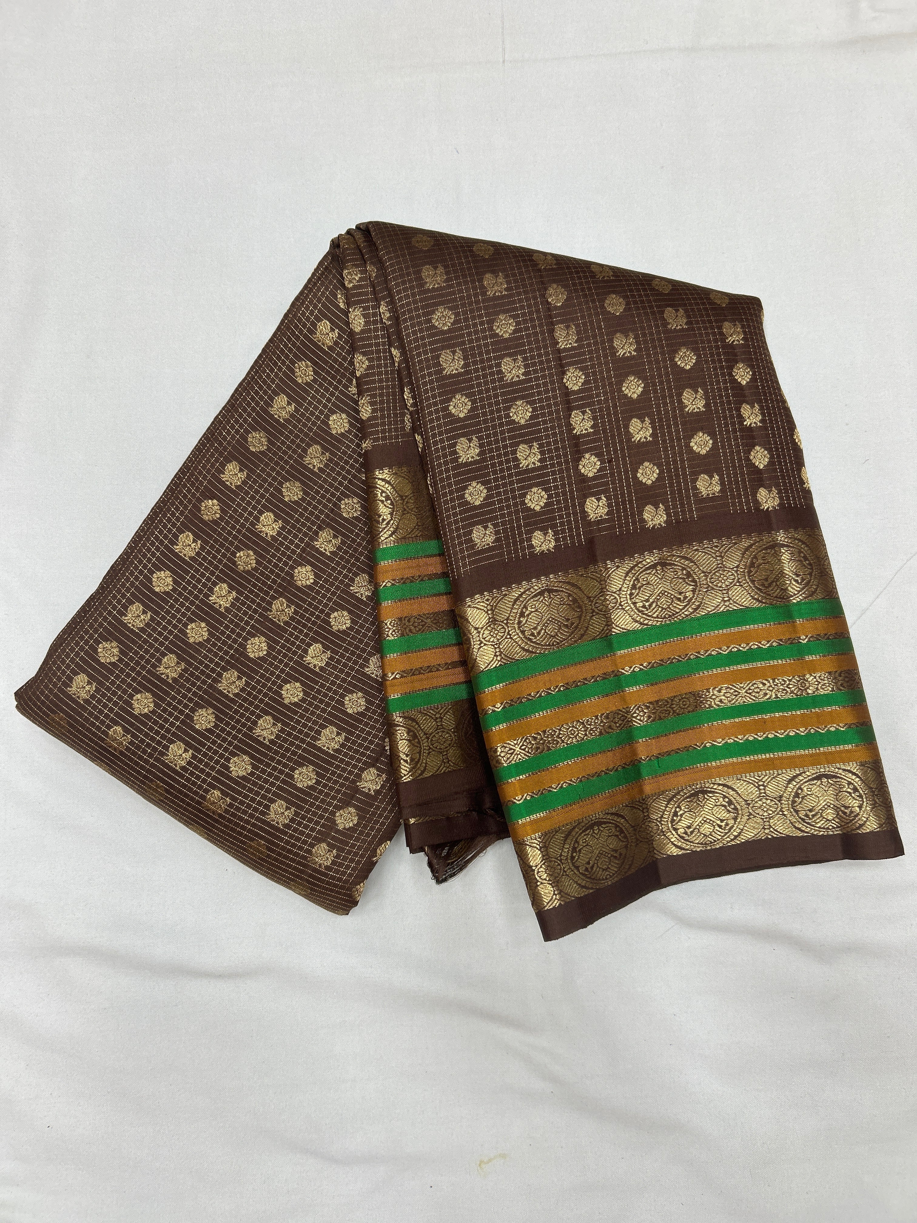 Brown Vintage Kanjeevaram silk saree with Oosi Checks and (Varisapet / Meena) Border