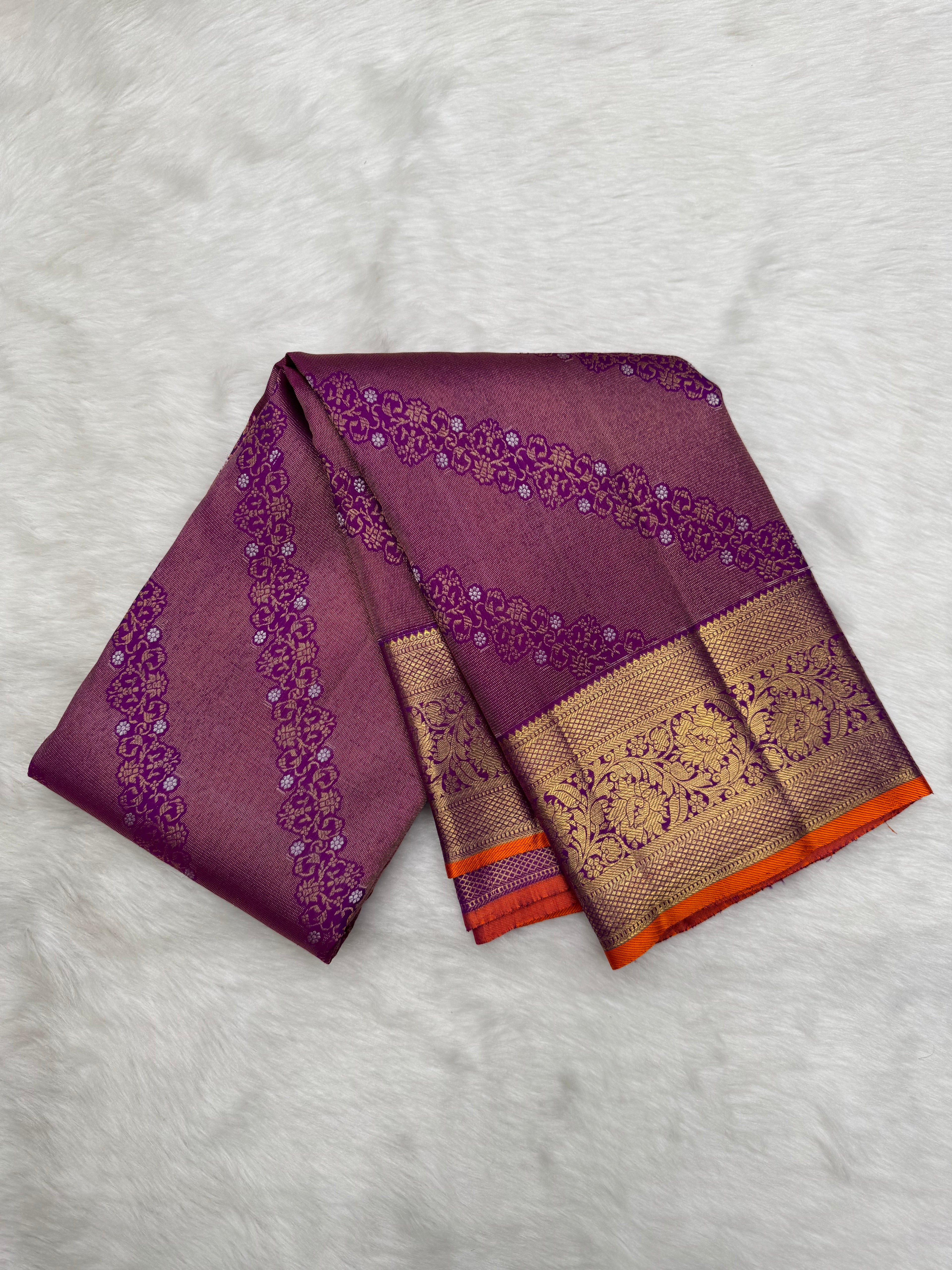 Purple Kanjeevaram Silk saree with Fine Oosi & Cross Kalanjali design