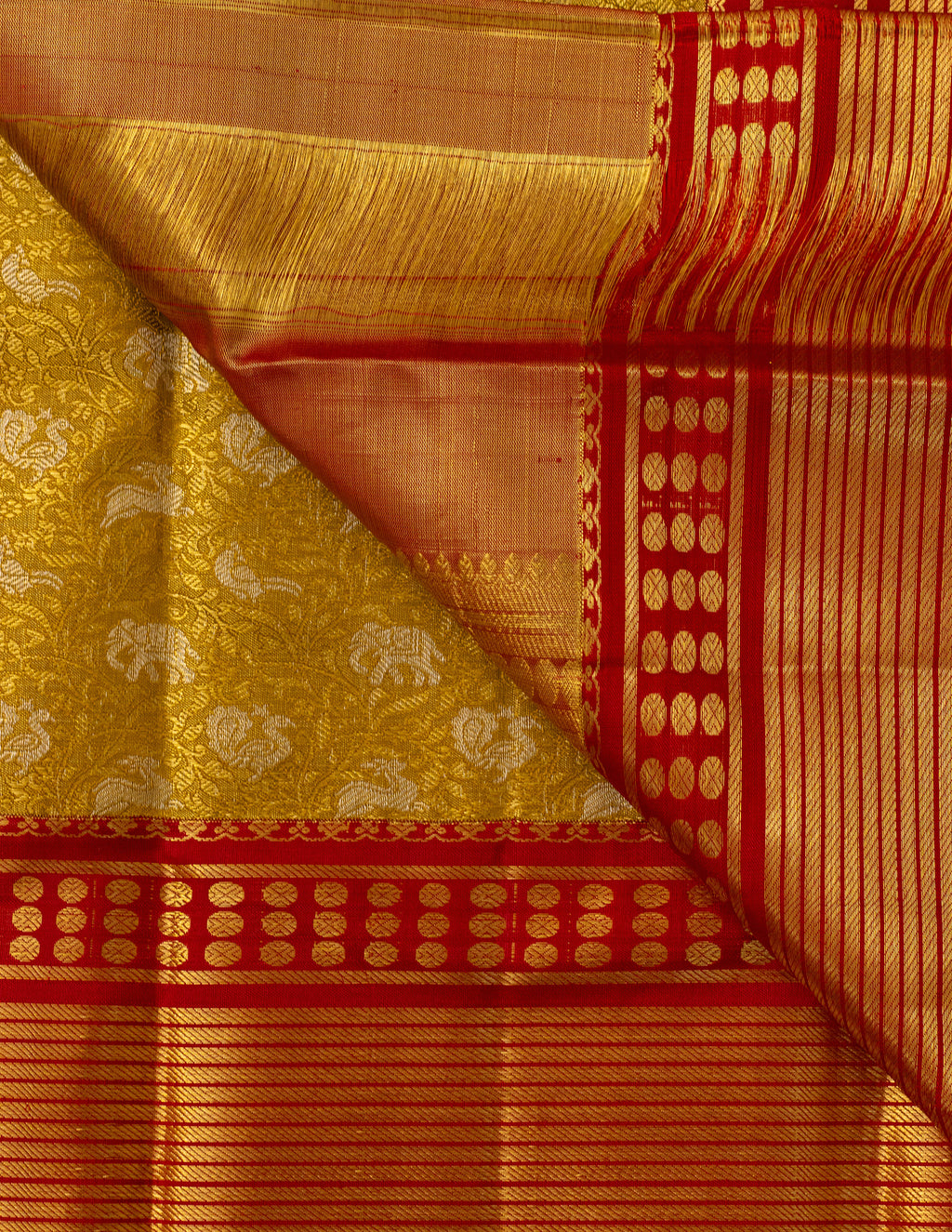 Gold & Red Korvai Kanjeevaram saree with Shikargah Brocade
