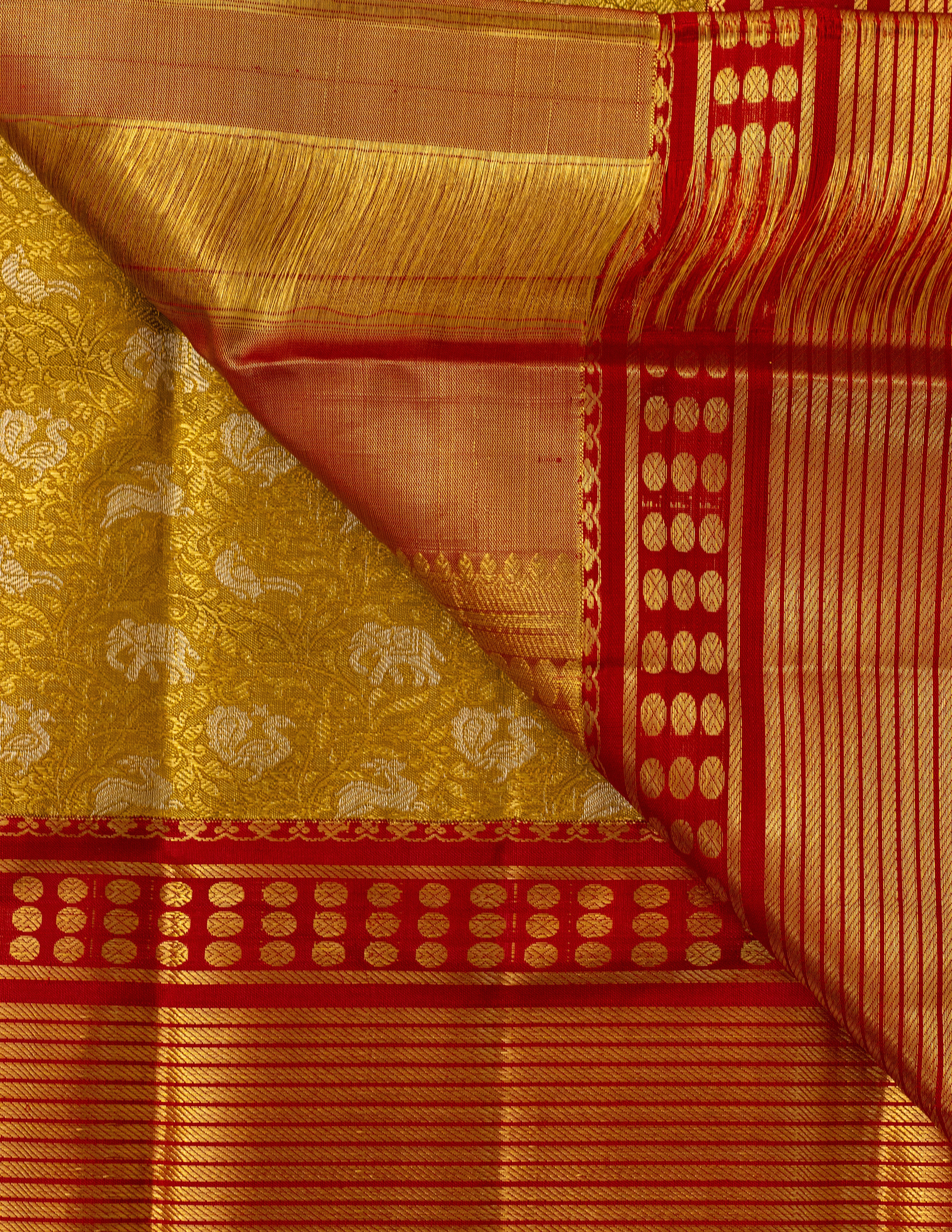 Gold & Red Korvai Kanjeevaram saree with Shikargah Brocade
