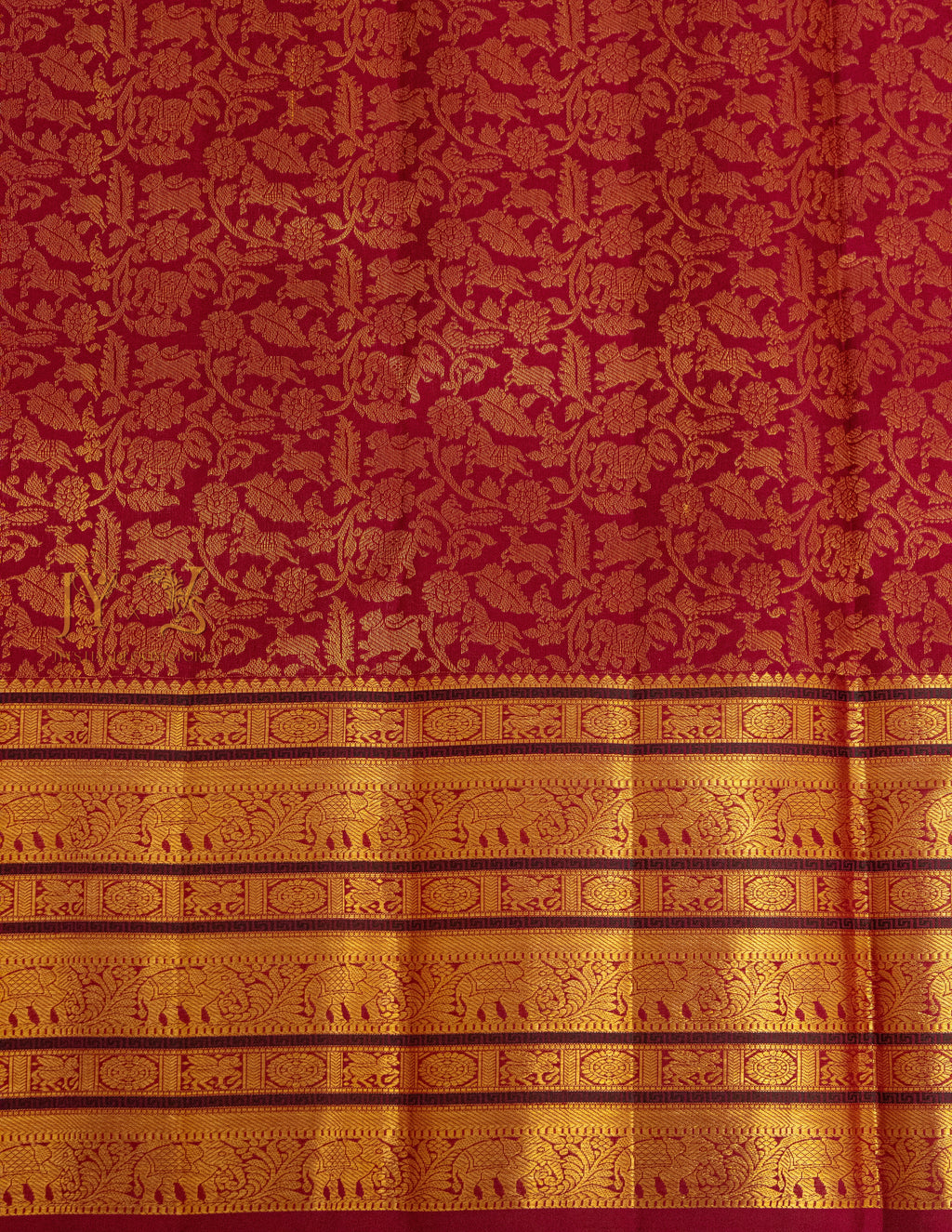 Cherry Red Kanjeevaram silk Saree with Vanam Singaram and (Varisapet / Meena) Border