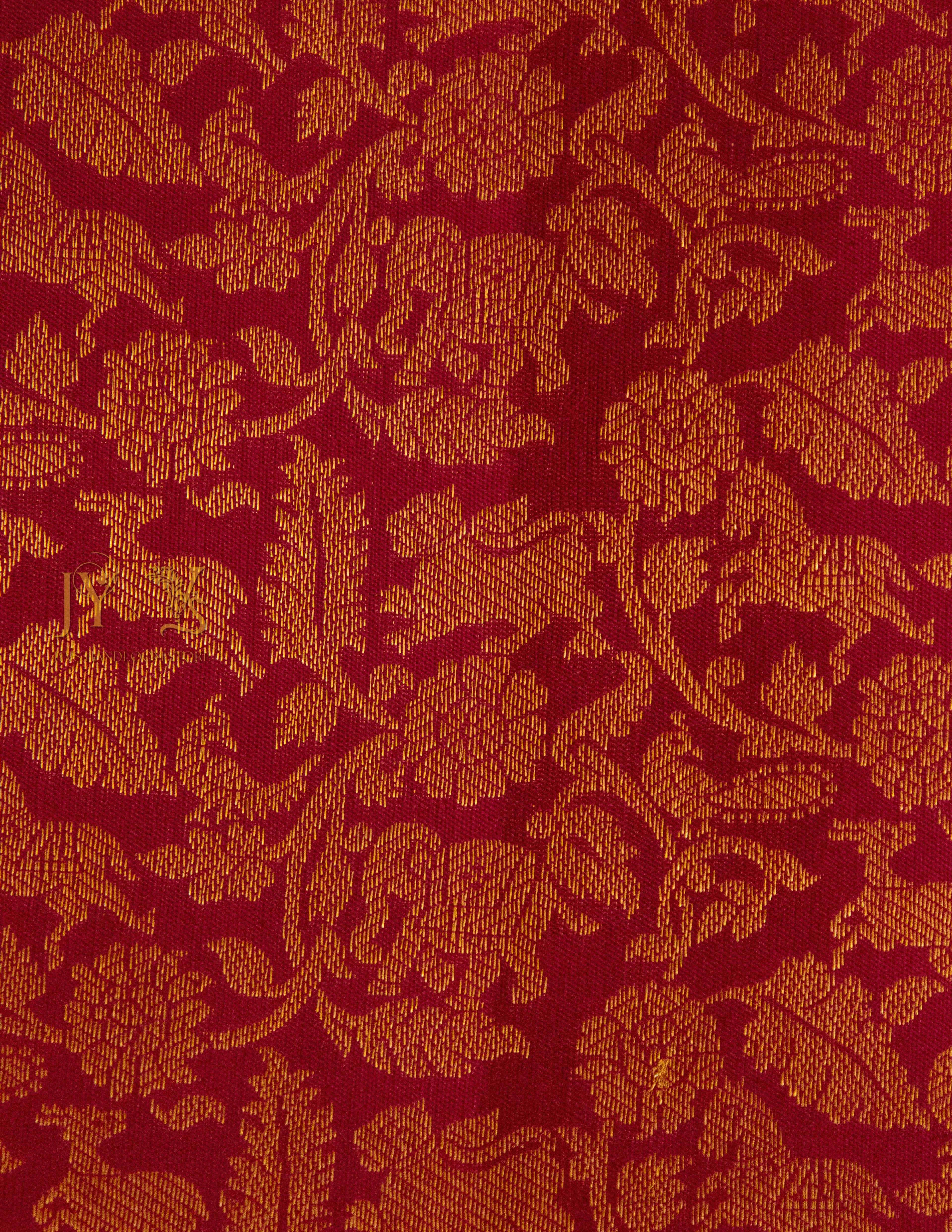 Cherry Red Kanjeevaram silk Saree with Vanam Singaram and (Varisapet / Meena) Border