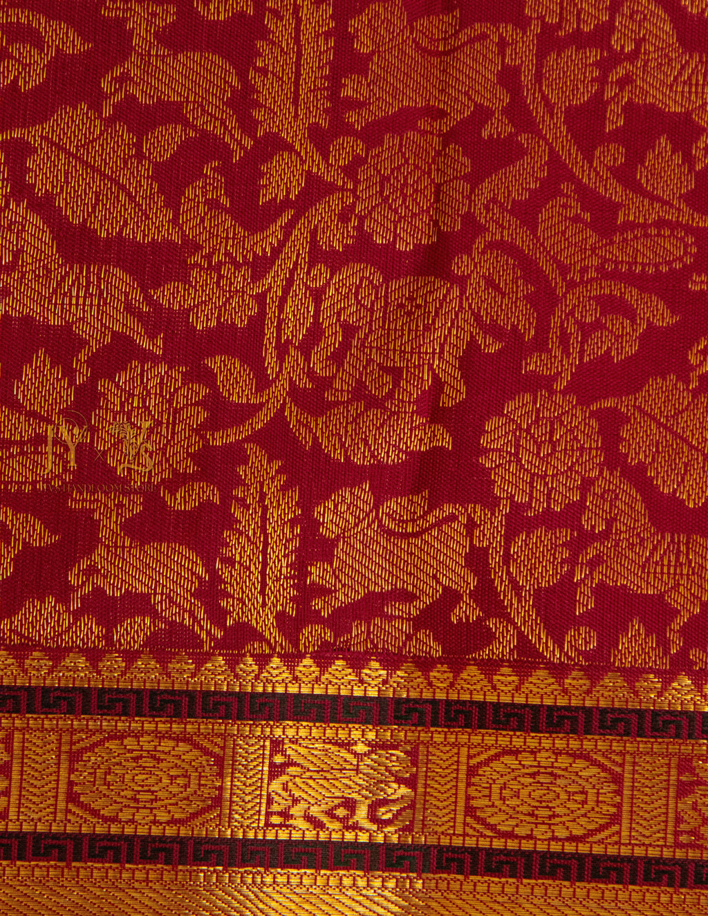 Cherry Red Kanjeevaram silk Saree with Vanam Singaram and (Varisapet / Meena) Border
