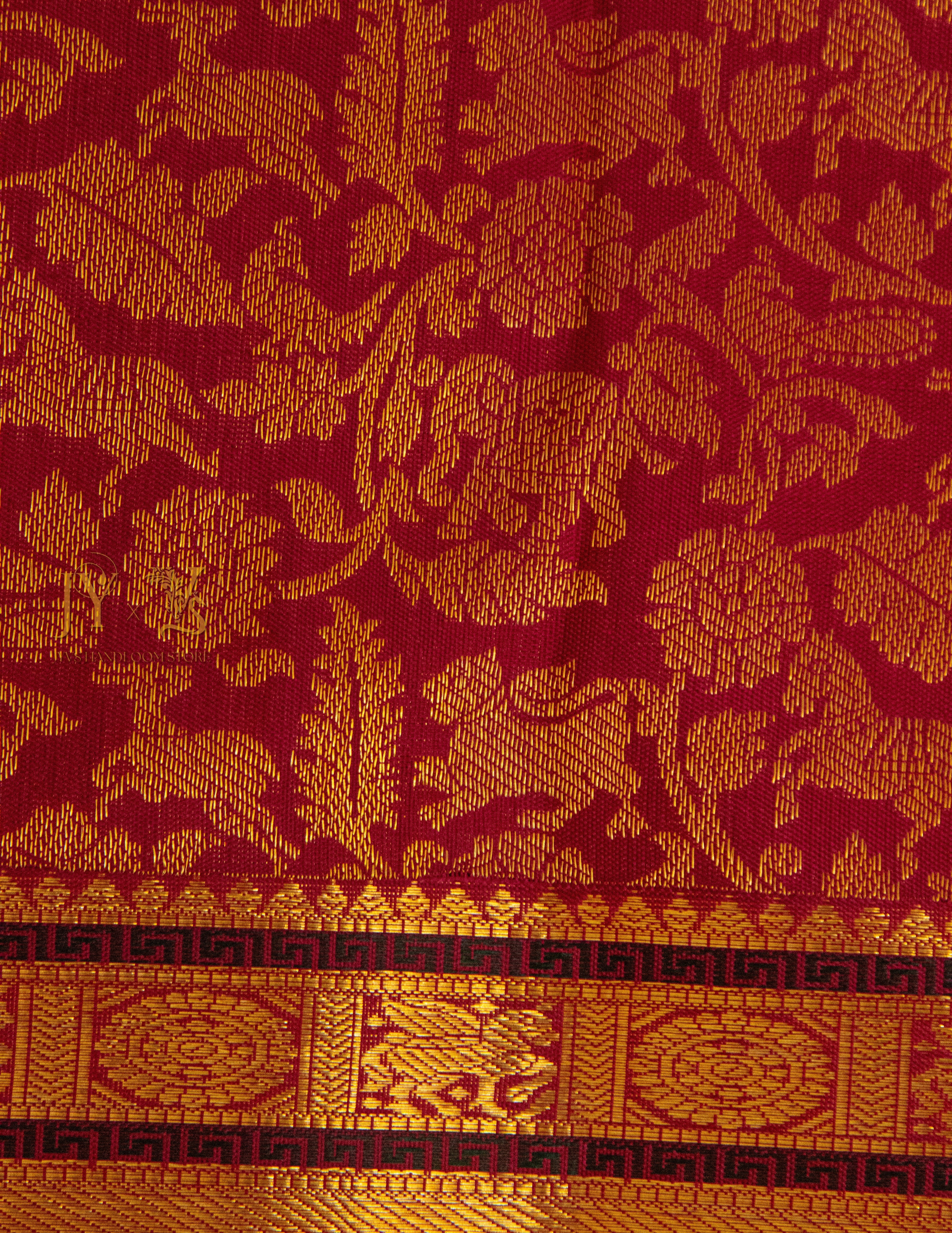 Cherry Red Kanjeevaram silk Saree with Vanam Singaram and (Varisapet / Meena) Border