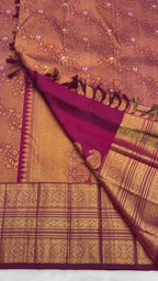 Reddish Maroon Vintage Kanjeevaram Saree with Close Oosi weaveing , Cross Kalanjali Design & Silver Zari Highlighted Flower Motifs