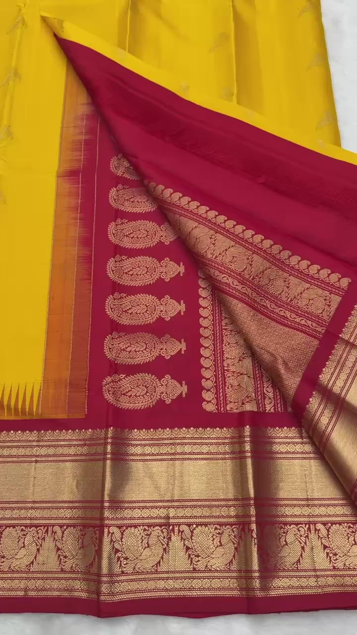 Mambalam Yellow Vintage Ganga - Jamuna Kanjeevaram Saree with Temple Kuttu Maroon & Ananda Blue Border