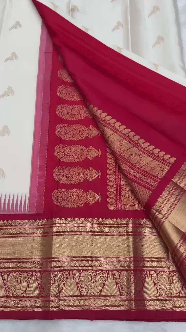 Half White Vintage Ganga - Jamuna Kanjeevaram Saree with Temple Kuttu Maroon & Ananda Blue Border