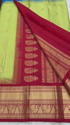 Pista Green Vintage Ganga - Jamuna Kanjeevaram Saree with Temple Kuttu Maroon & Ananda Blue Border