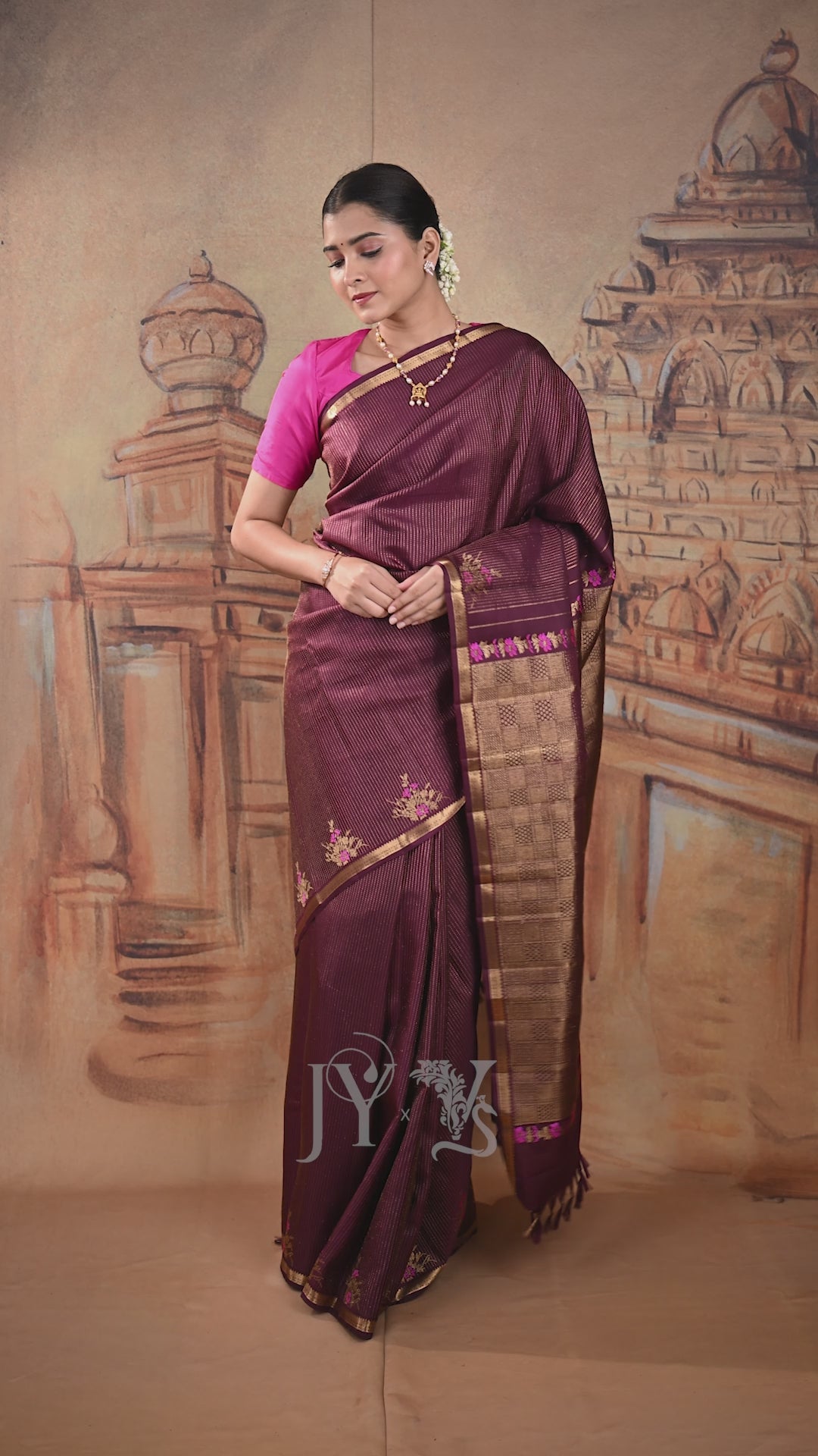 Deep Plum Vintage Kanjeevaram saree with vertical zari lines & Meenakari motifs