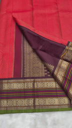 Chilli Red Vintage Kanjeevaram Saree with Crossectional lines & Rich Meena Border